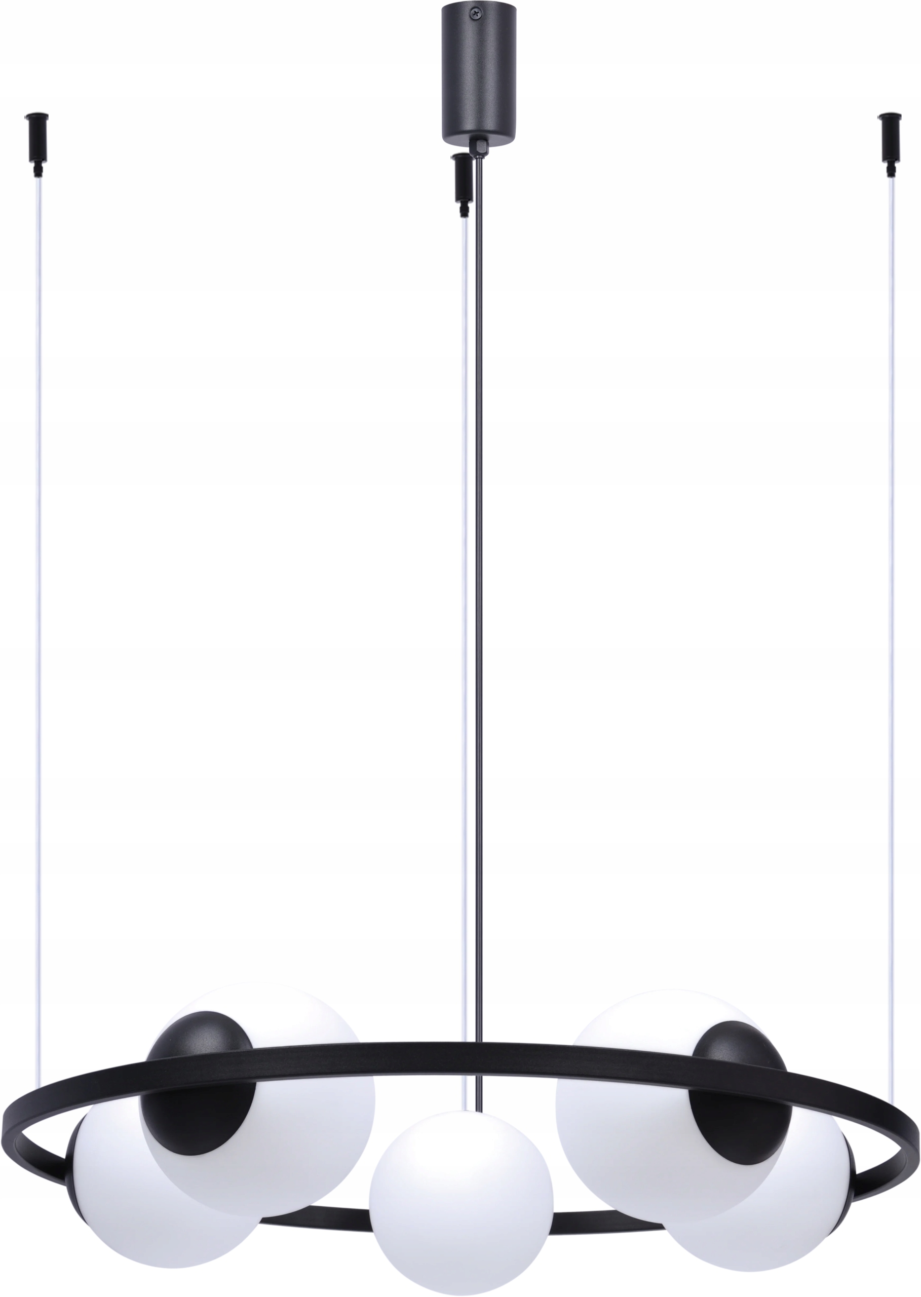 Závesná horizontálna lampa čierna, biele sklenené gule 5 bodov, okrúhla 68 cm Zuma Line