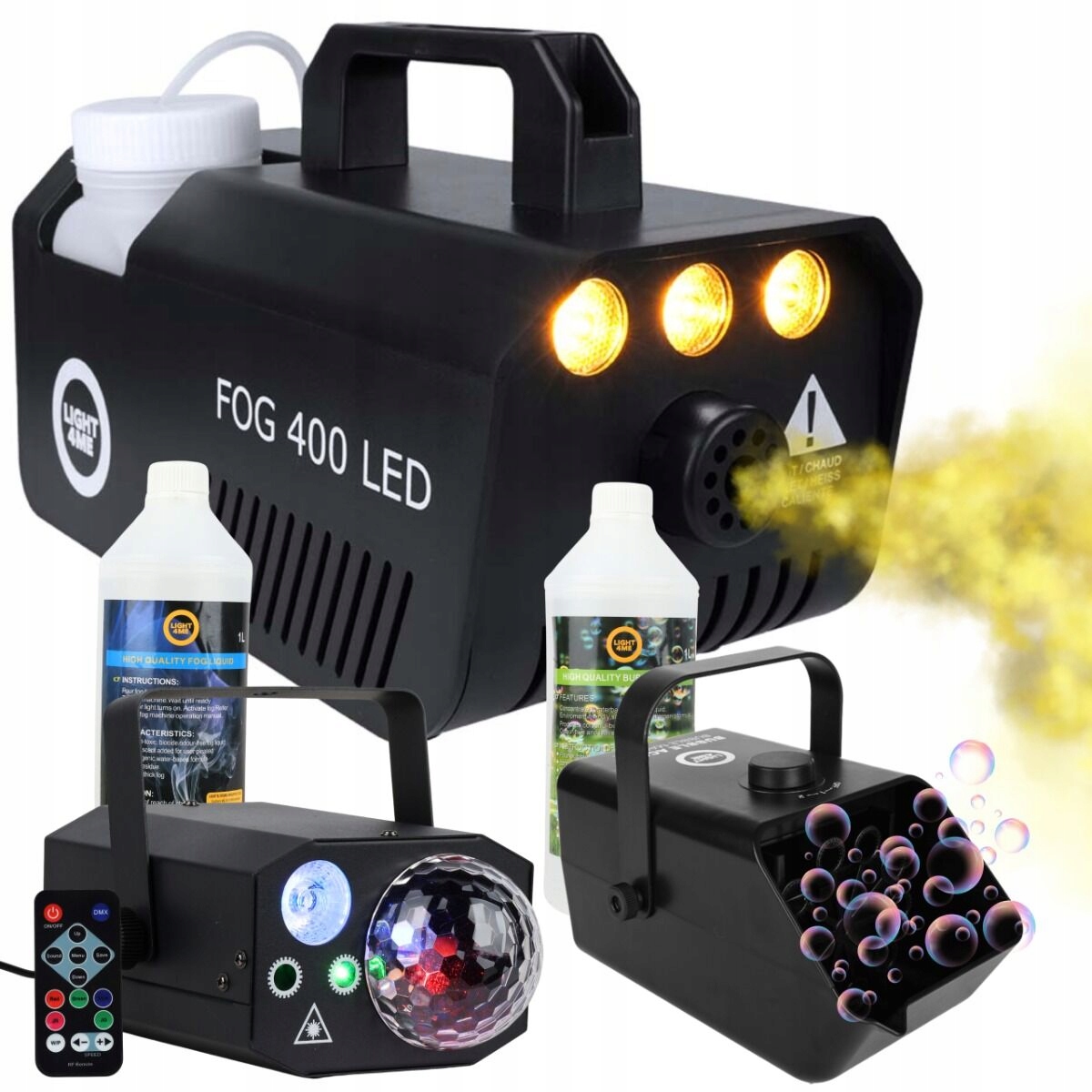 Zestaw Imprezowy Wytwornica Dymu Baniek Kula Disco Lasery Rgbw Led 2 Płyny