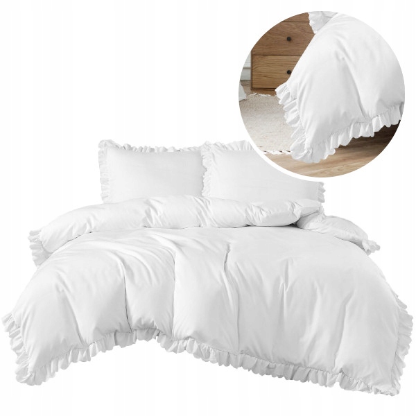 KOMPLET POŚCIELI BIAŁEJ Z FALBANĄ 200X220 BAWEŁNA SATYNOWA