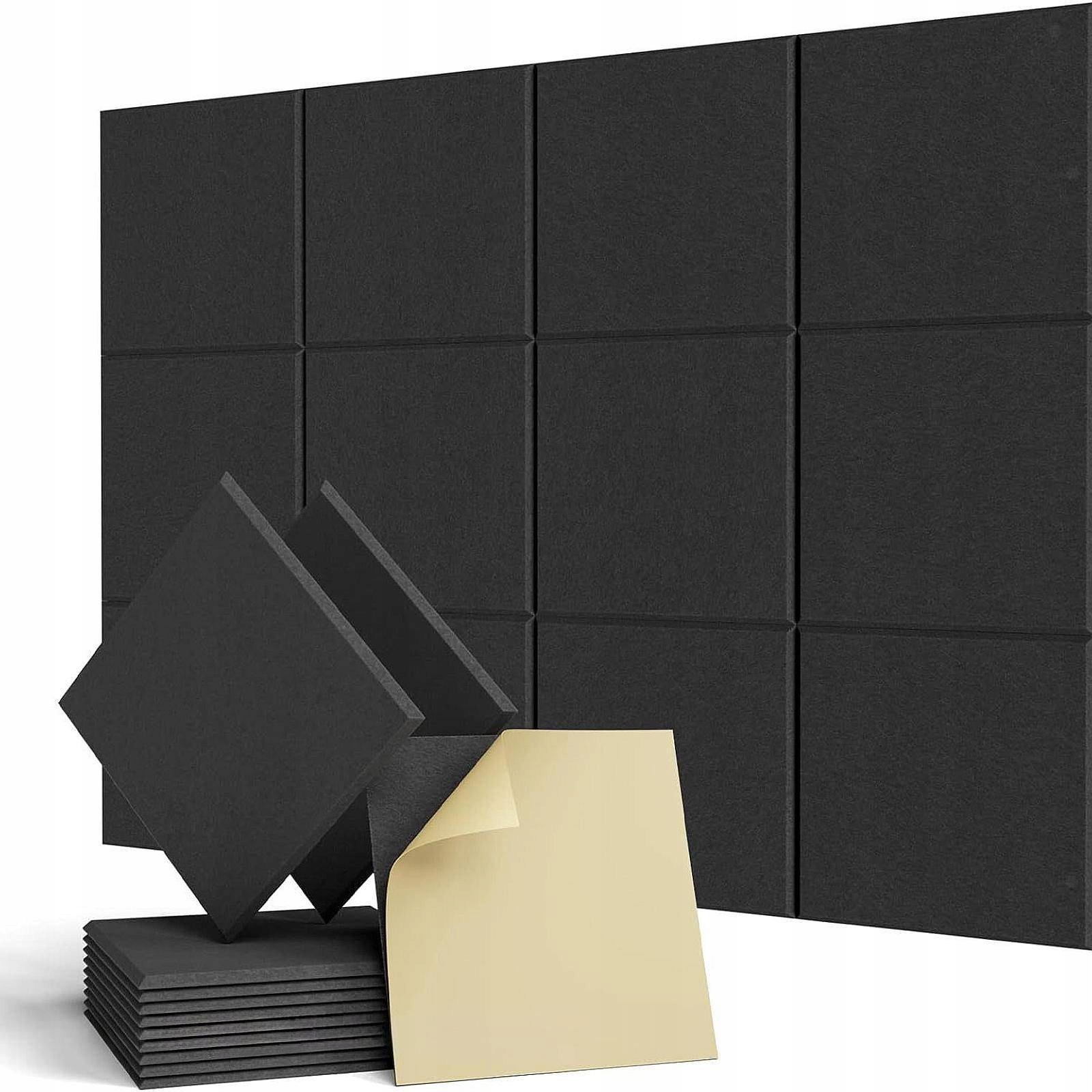 24x Akustický Panel Černý čtvercový 30x30x0.9 Cm z polyesterové netkané textilie