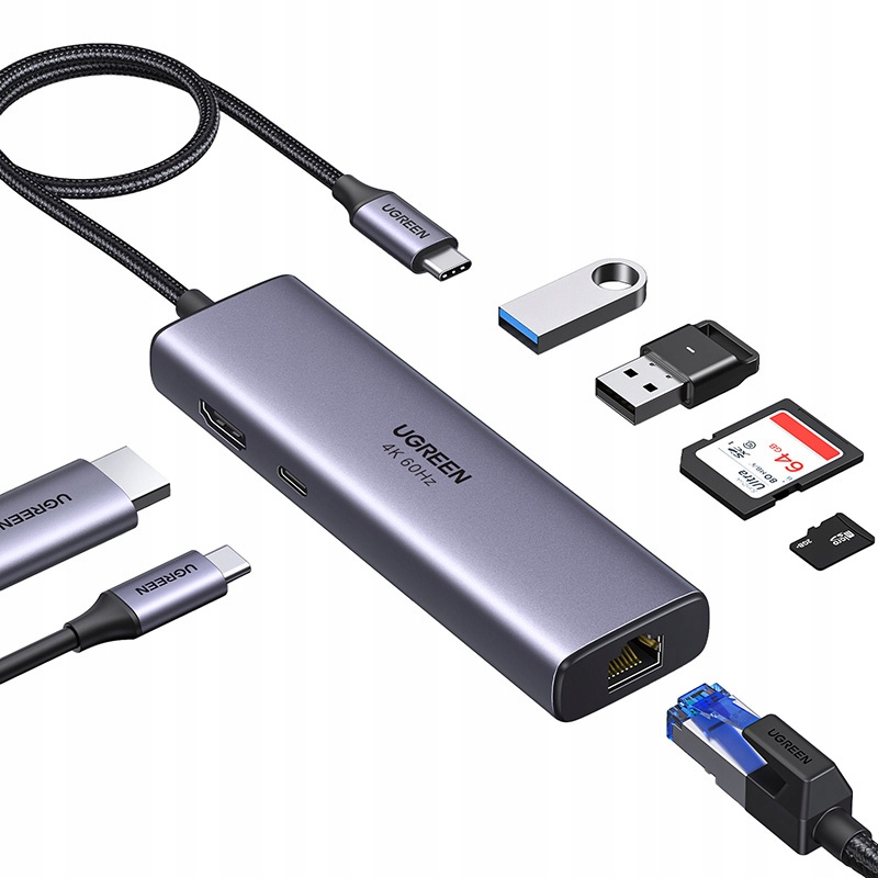 UGREEN CM512 7w1 2x USB 3.2 Gen 1 HDMI USB Typ C RJ45 SD/TF Szary