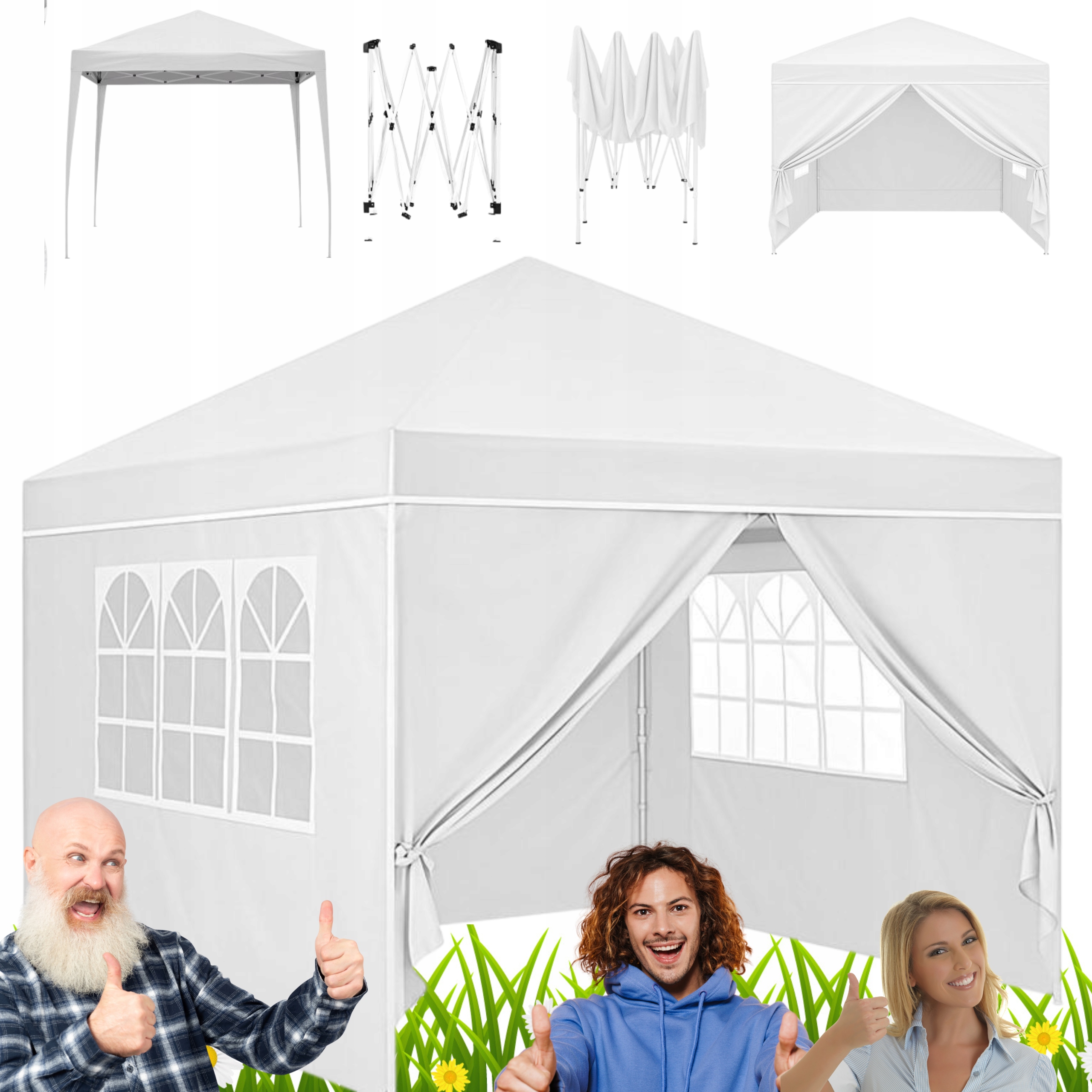 Namiot Pawilon Ogrodowy 3x3m Biały 4 Boczne Ścianki Okna Zamek Automat