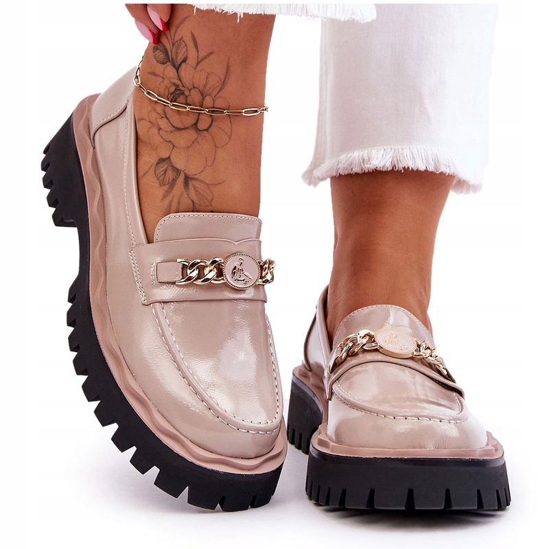 Lakované Kožené Mokasíny Platforma Béžová 37