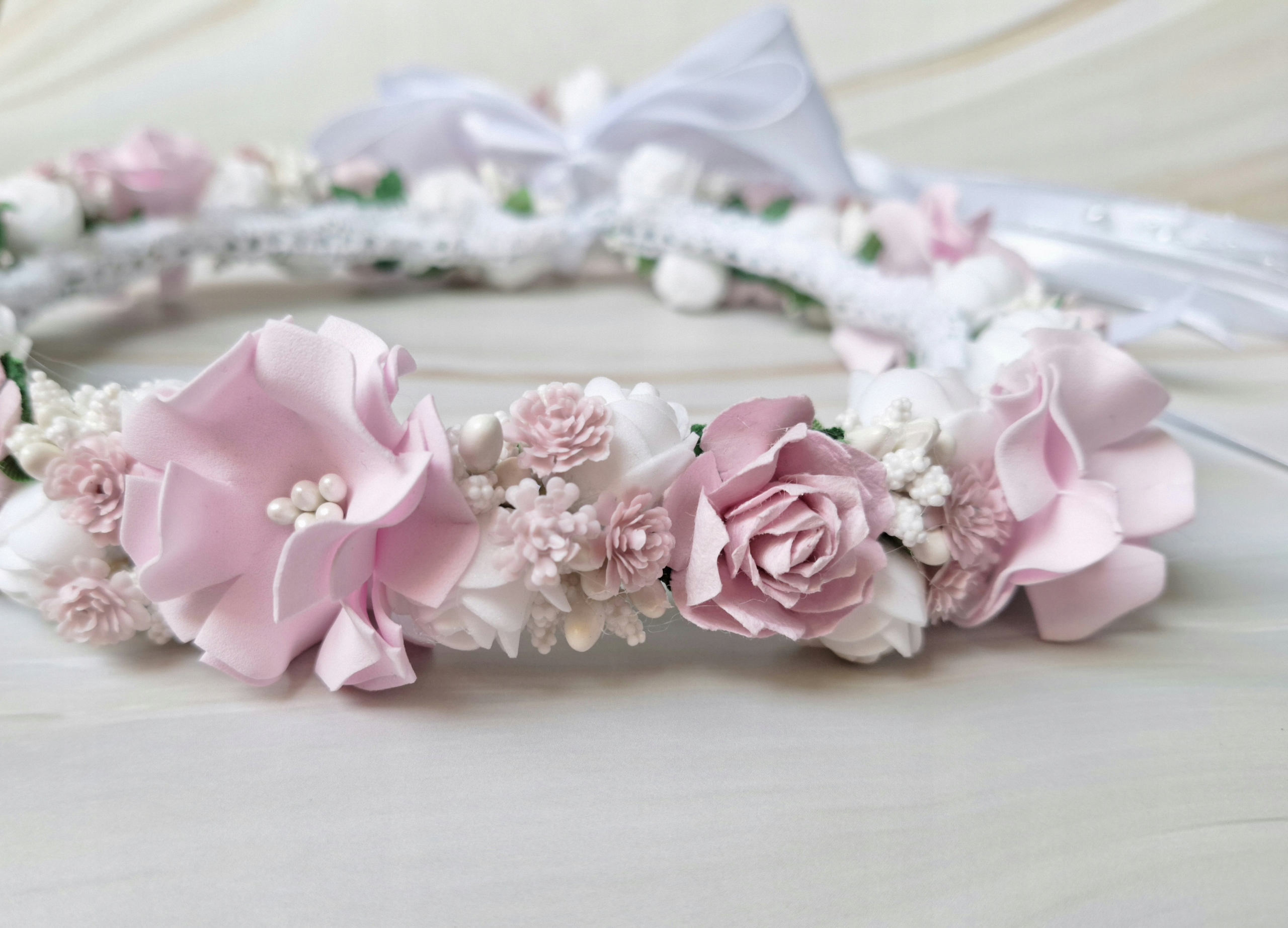 Wianek komunijny do komuni biało różowy z fioletem gipsówka Angel Lilla Okazje komunia