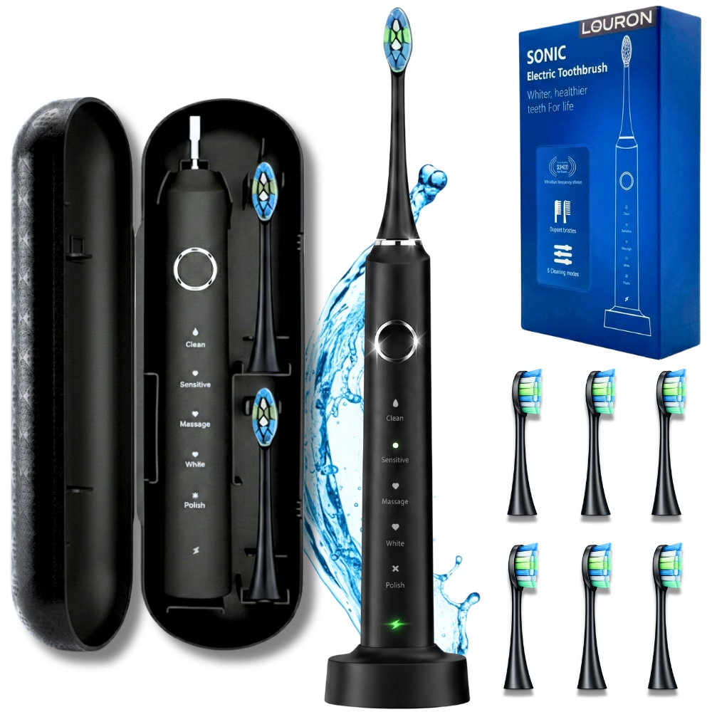 Szczoteczka Soniczna Do Zębów 38tys r/min 6 Końcówek 5 Trybów Etui Indukcja