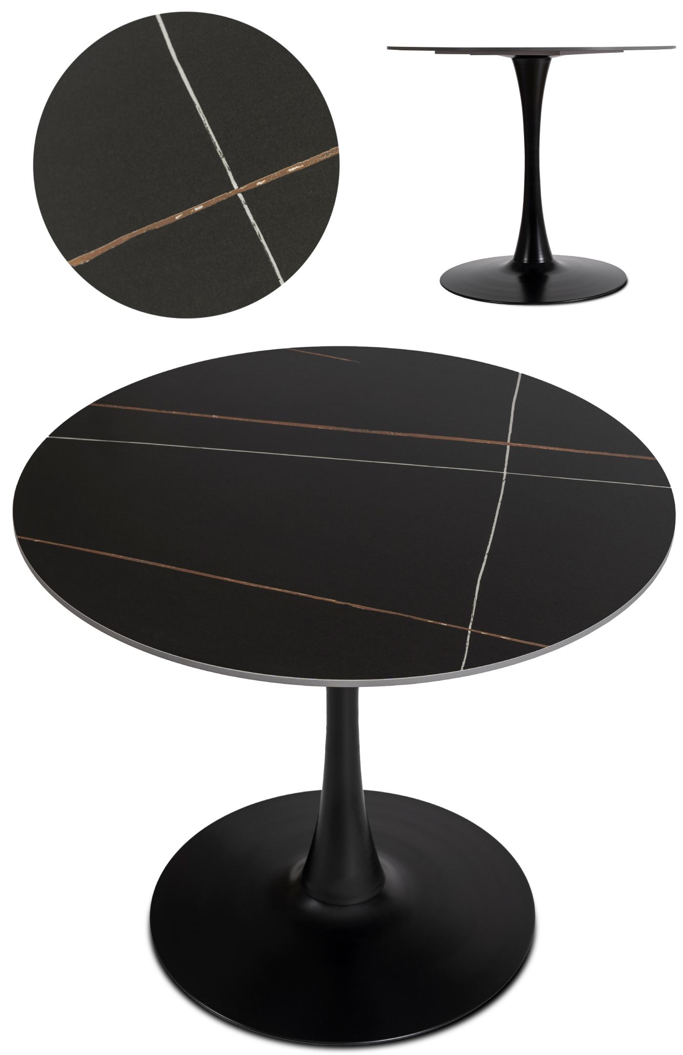 Stół Okrągły 90 Nowoczesny Glamour Ceramiczny Salon Jadalnia Czarny Sander