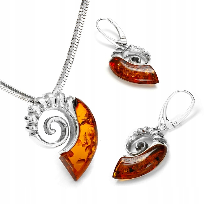 Stříbrný Komplet Šperků Amonit Mušle Jantarová