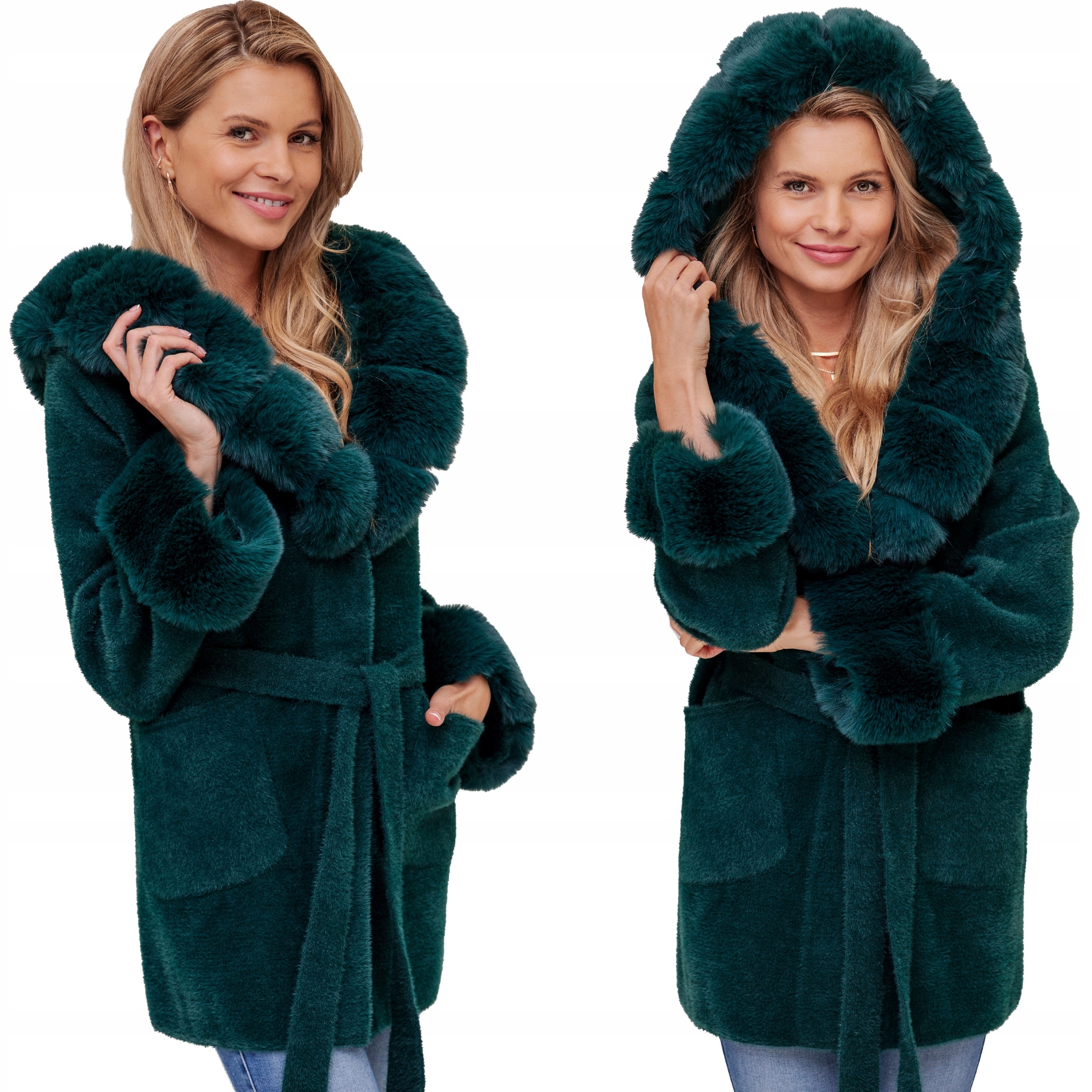 Bella Měkký Kabát S Páskem S Kapucí Alpaka S Kožešinou Zeleň