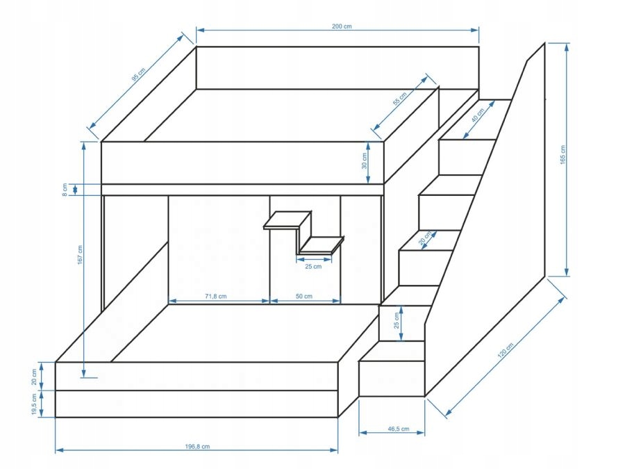 Łóżko 2-osobowe piętrowe antresola Party 16 Długość 247 cm