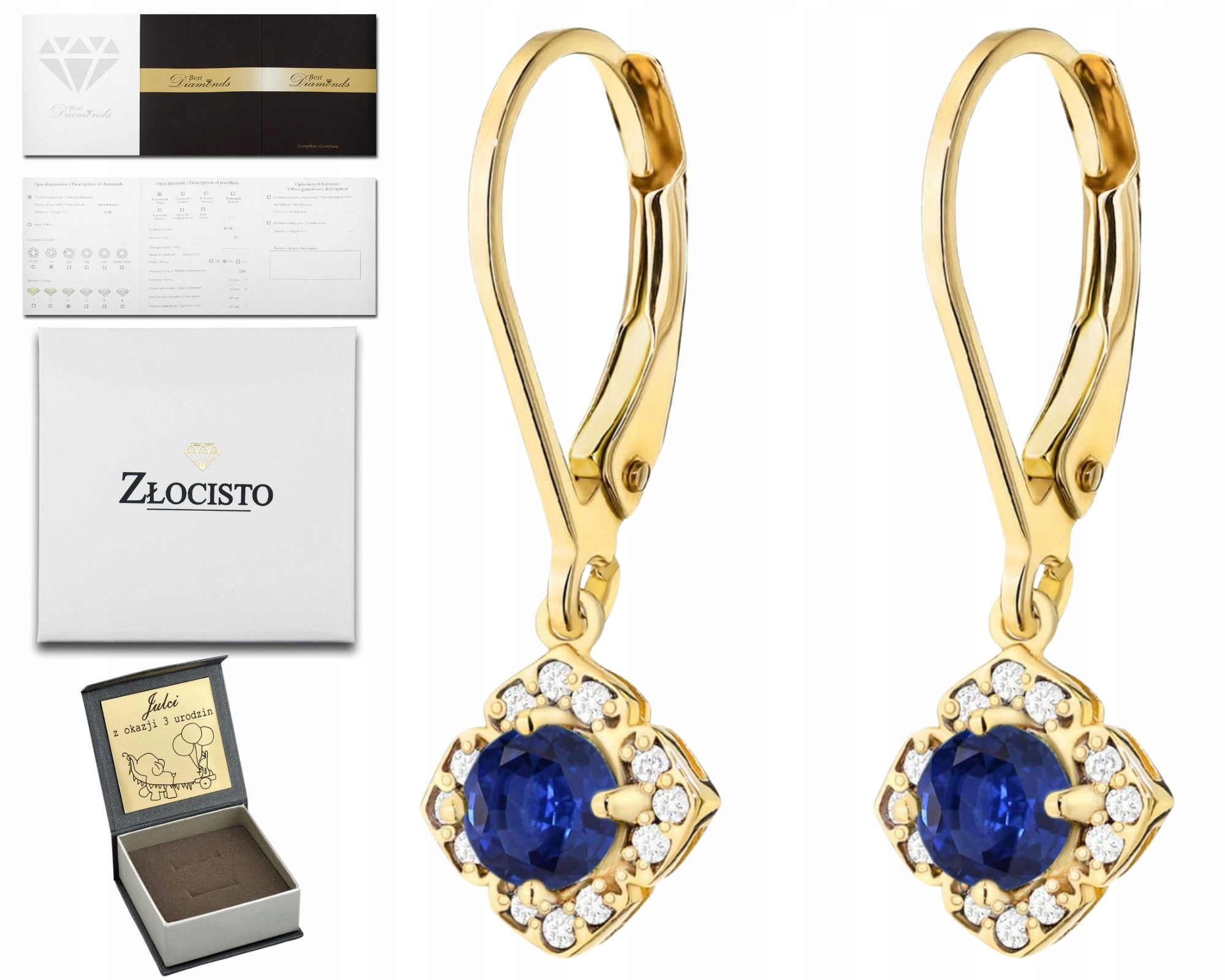 Zlaté Náušnice Se Safíry A Diamanty 585