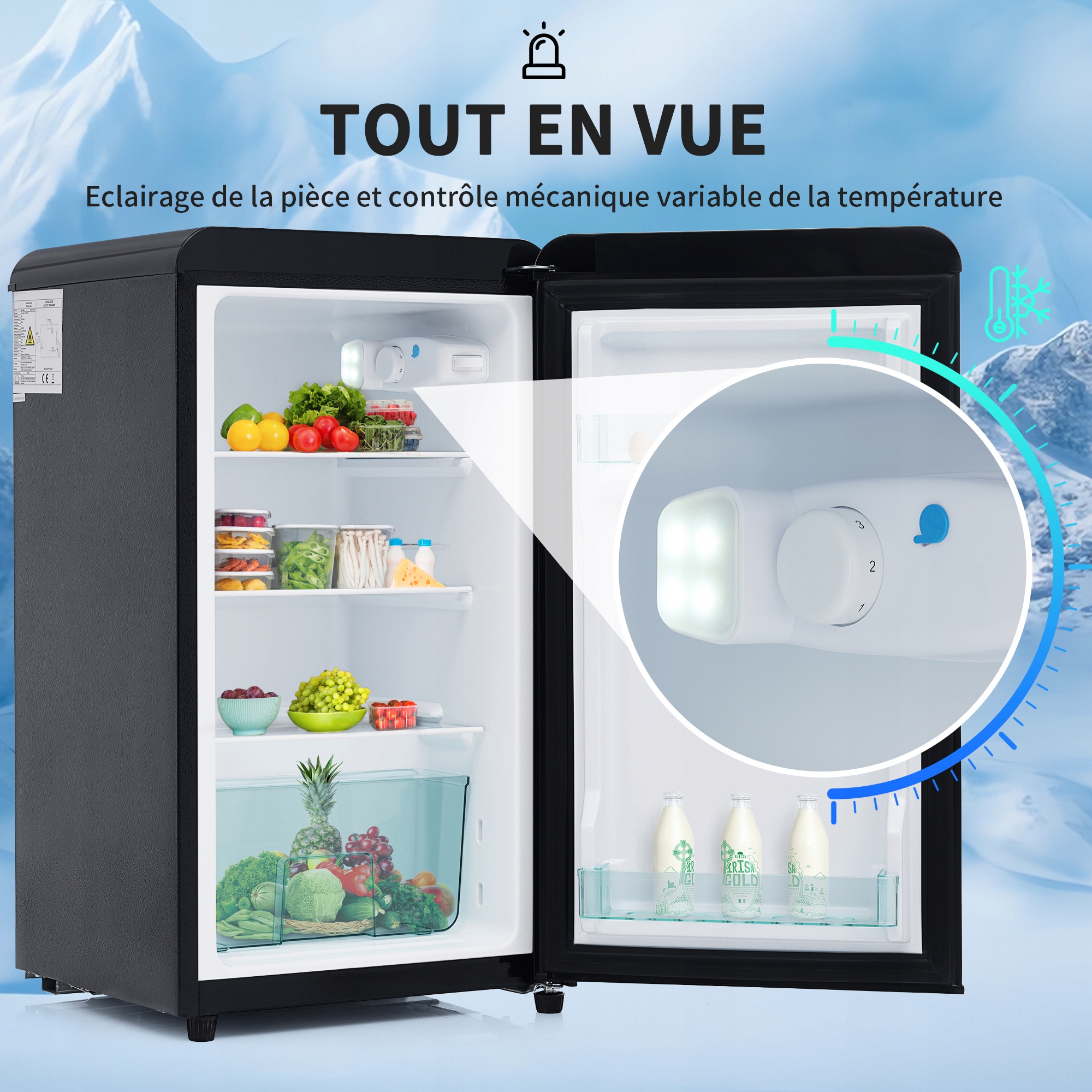 MINILODÓWKA JEDNODRZWIOWA 76L, OŚWIETLENIE LED, REGULOWANE NÓŻKI Kolor dominujący czarny