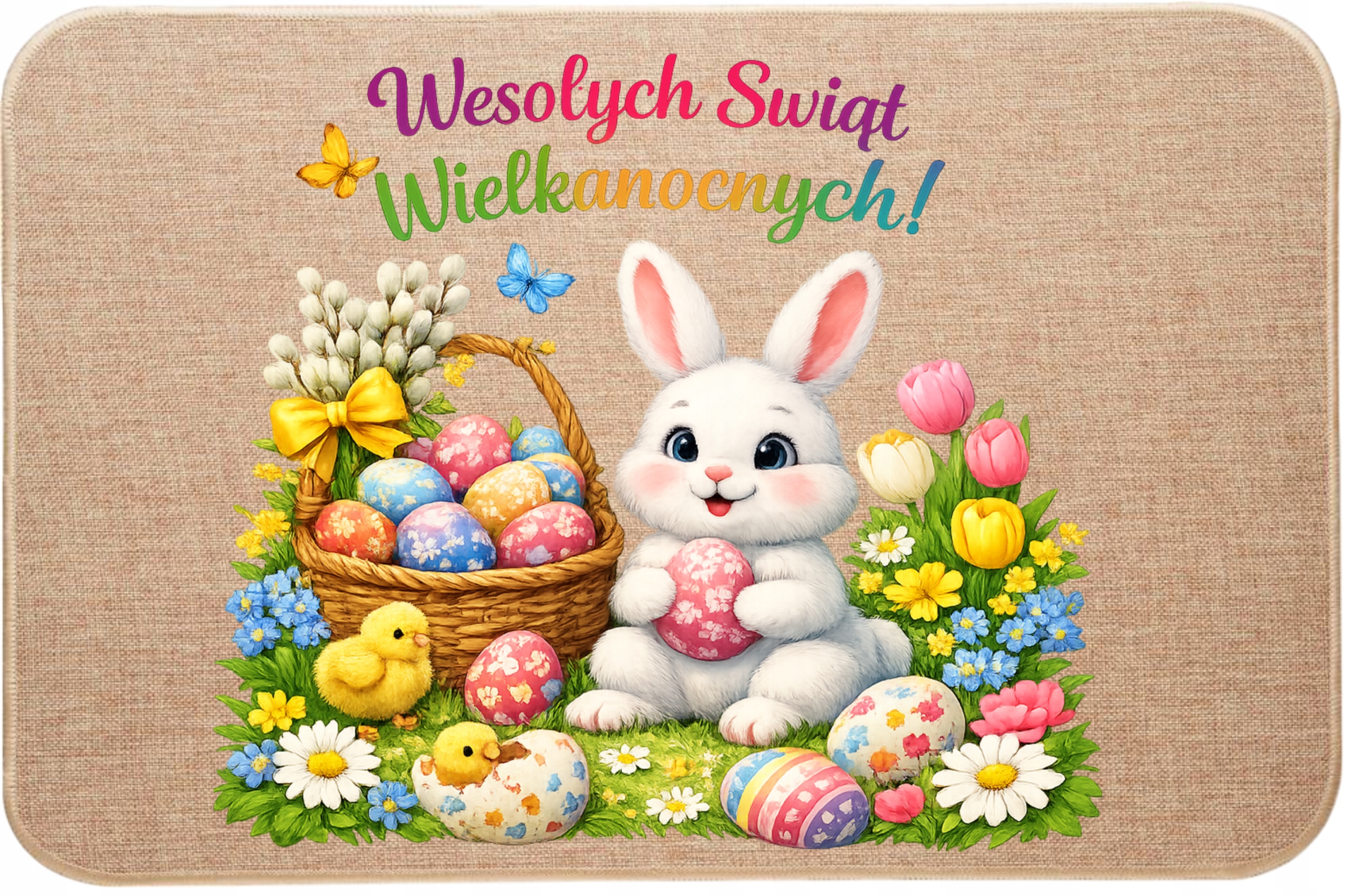 Lněná rohožka pod dveře Veselé Velikonoční svátky Králíček