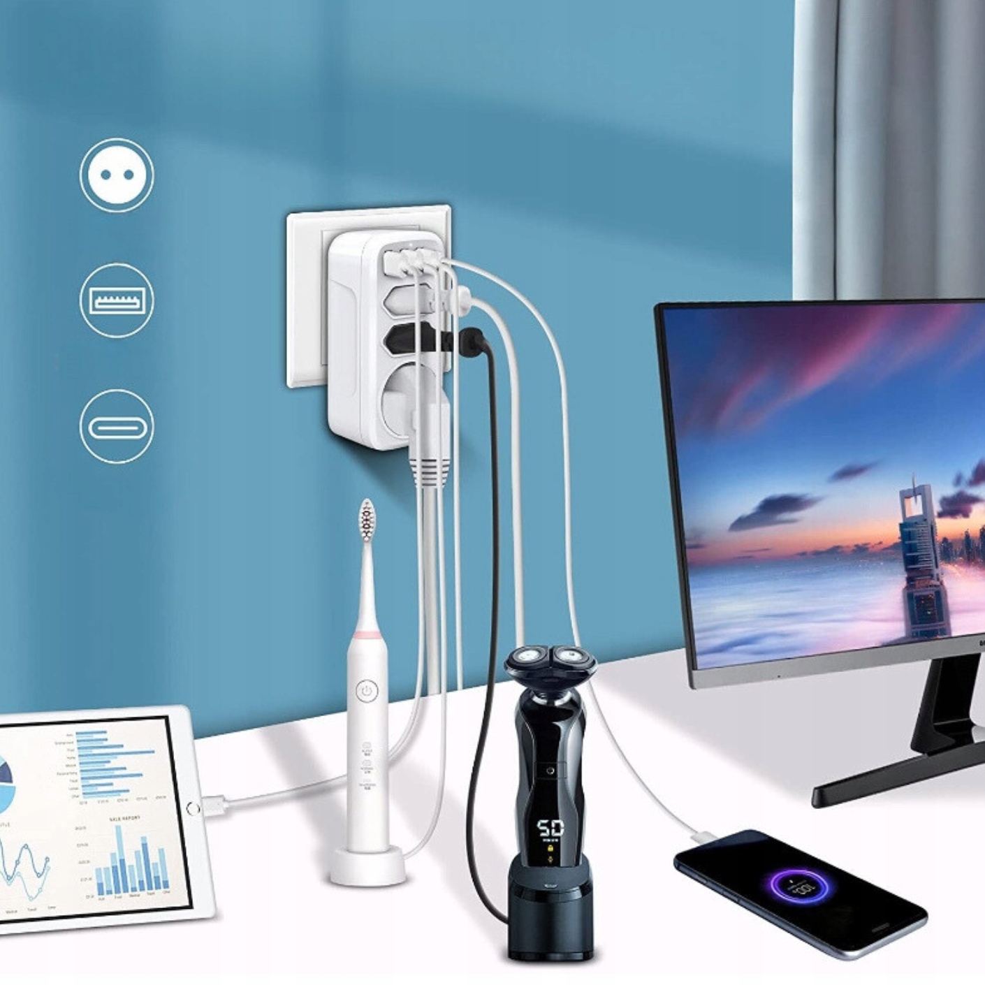 Gniazdko sieciowe rozdzielacz 3x gniazdo AC / 3x USB-A 1x / USB-C 4000W 16A Model CN-9E-C3U