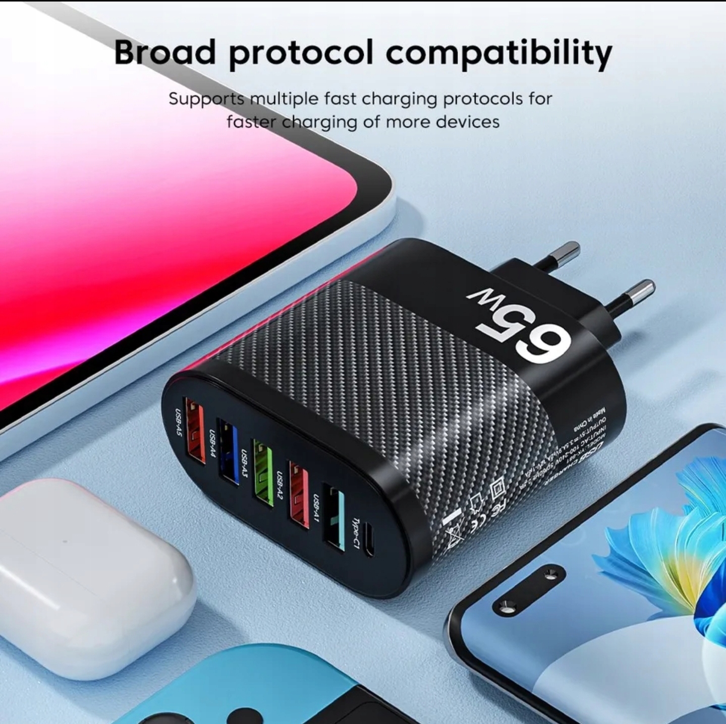 Ładowarka USB PD 65W 5x usb A + 1x usb C Pd= 6 portów Kolor biały