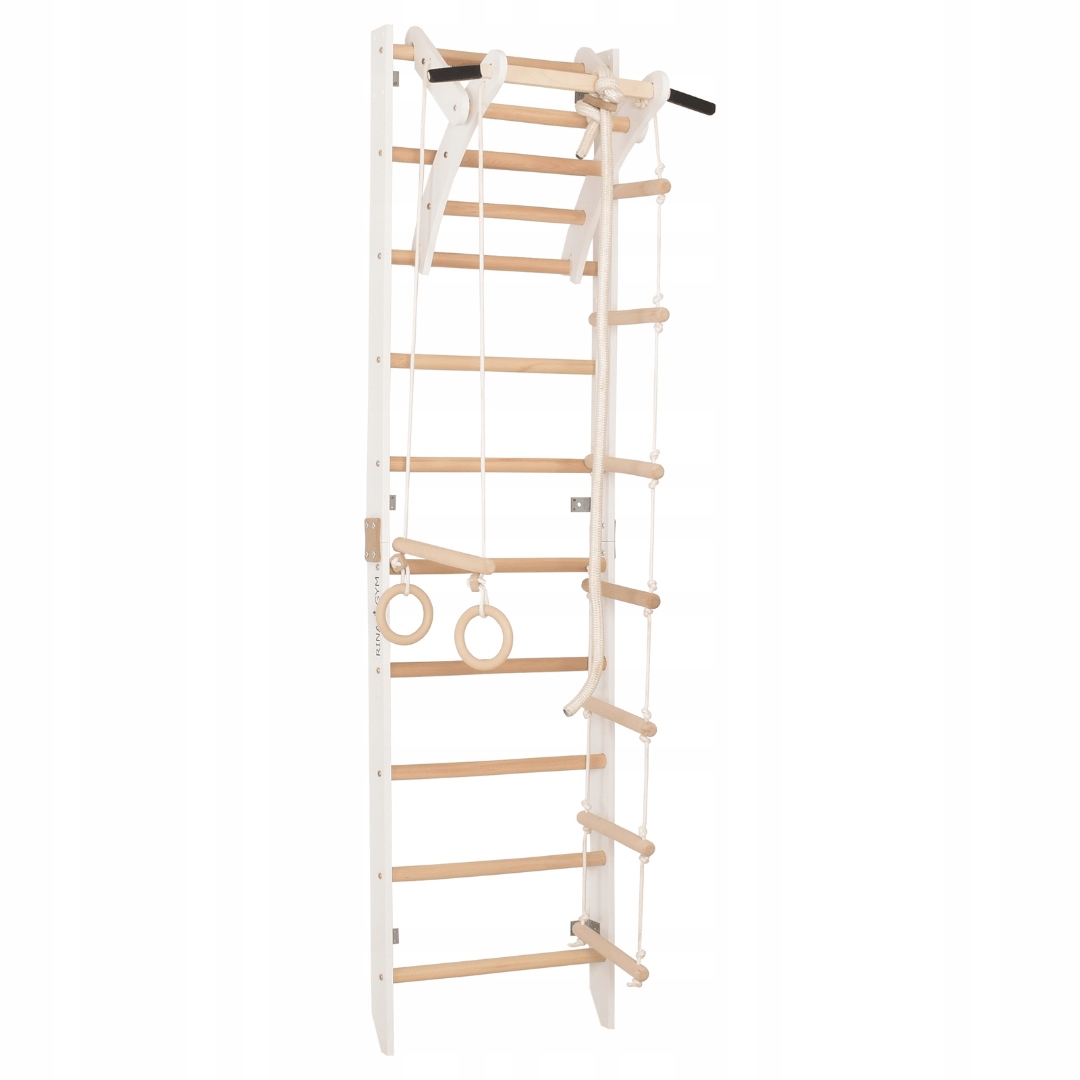 Gymnastický žebřík dřevěný bílý Spr A s nastavitelnou tyčí a lanem