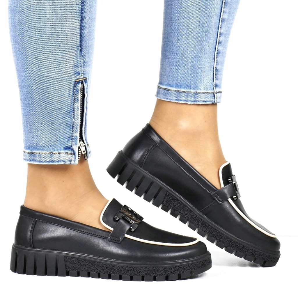 Dámské boty Mokasíny Lordsy Polobotky Z Kůže S Řetězem Černé Koturny