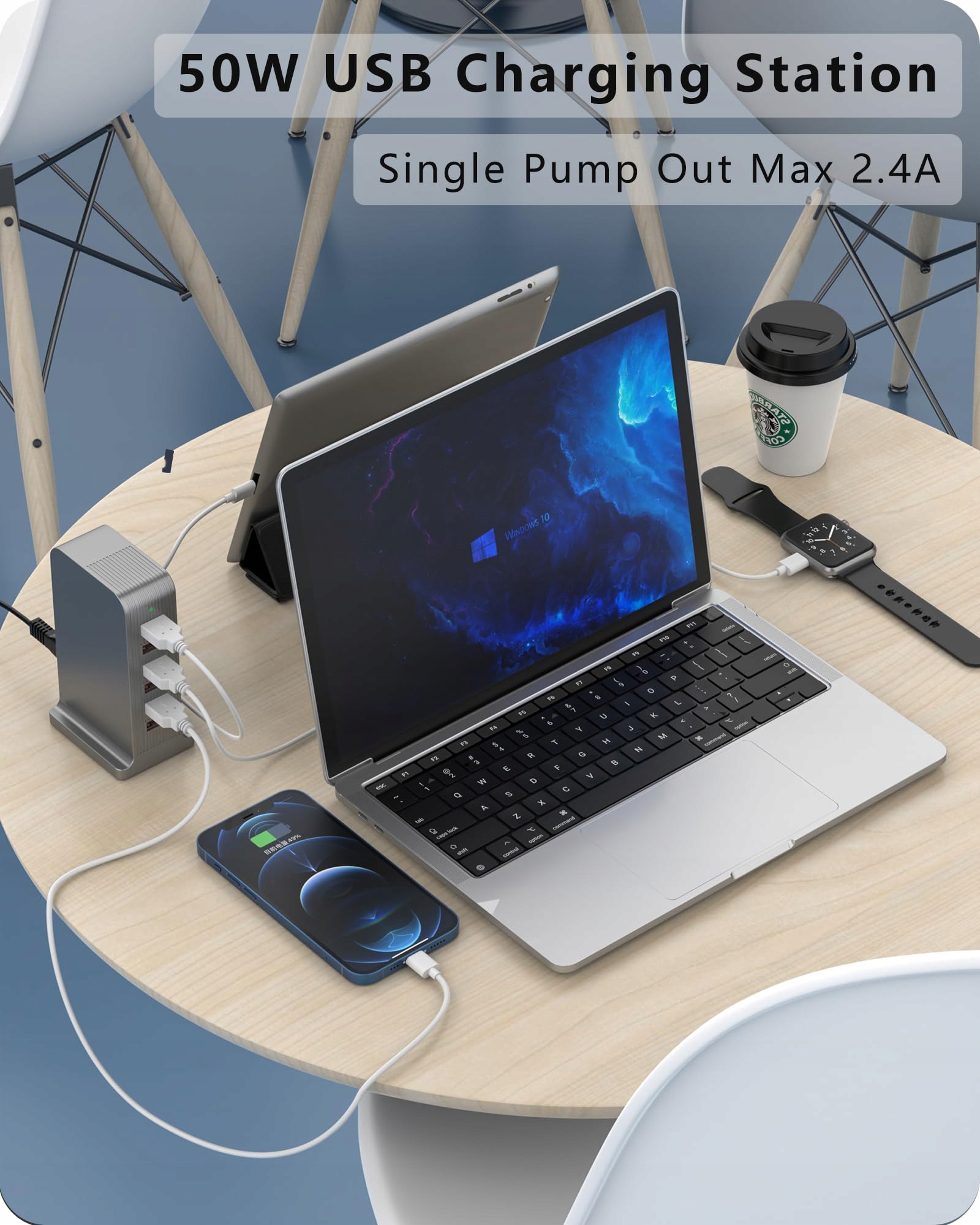 POANES Ładowarka USB 50W 6 Portów Stacja Dla iPhone Android Huawei HTC LG — miniatura 2