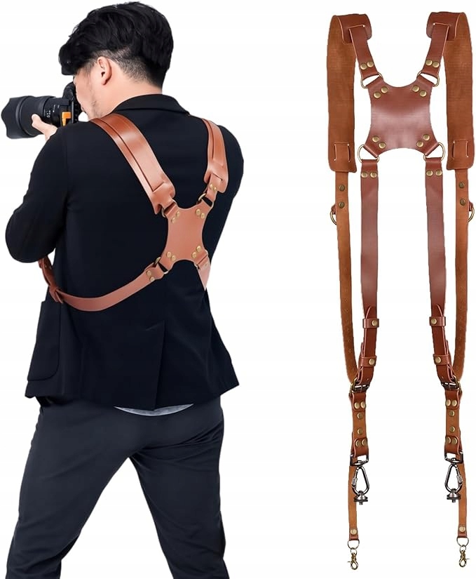 Regulowany skórzany pasek na ramię z podwójnym aparatem cyfrowym