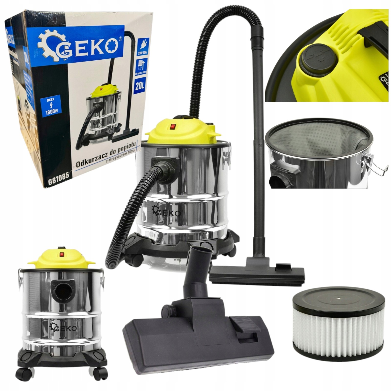 Vysavač na popel s oklepávačem, Geko G81085 20l 1600W krbový Hepa