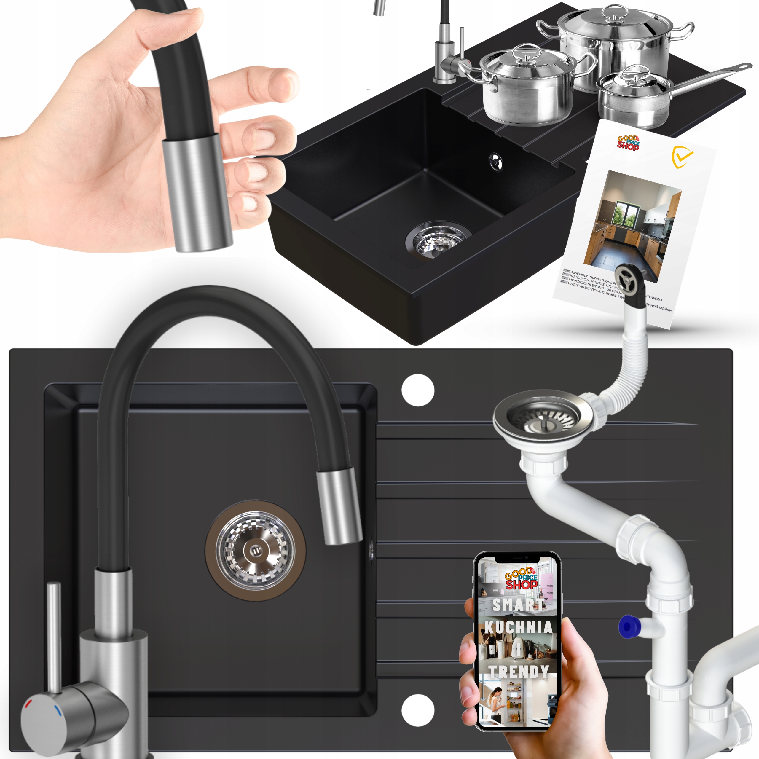 Granitový Dřez S Jednokomorovým Odkapávačem, Černá Kuchyňská Baterie, Sifon