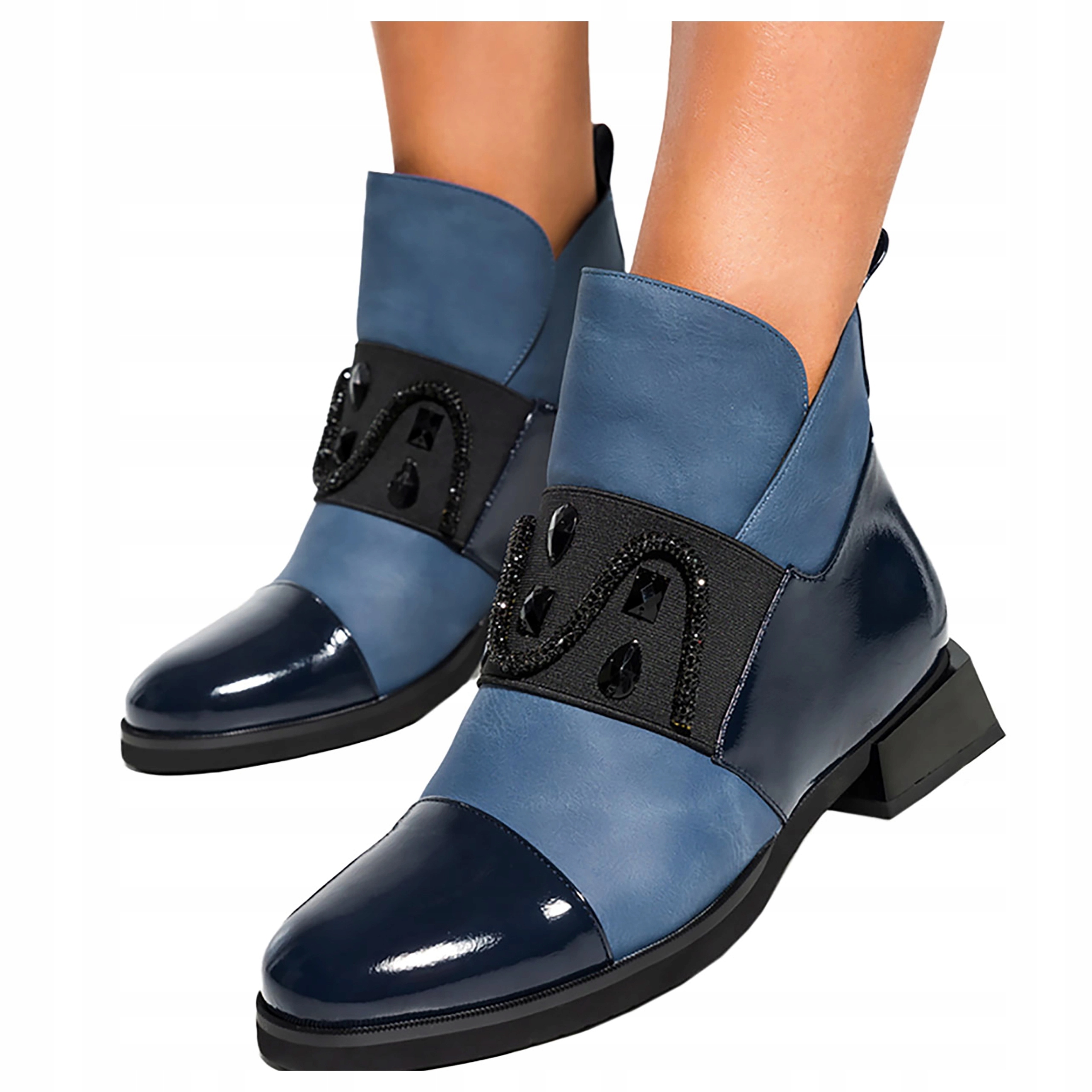 Kotníkové Boty Tmavě Modré Dámské Módní Guma S Křišťály Na Ozdobném Kostku vel. 37