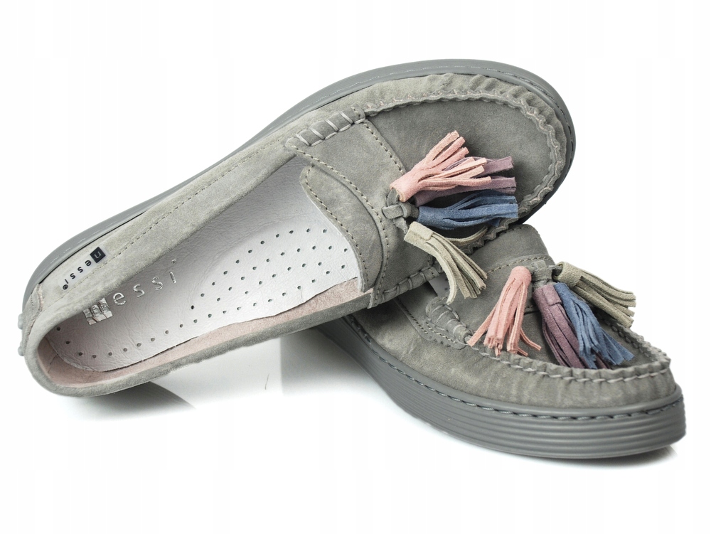 NESSI 18309 mokasyny szare zamsz frędzle 38 Wzór dominujący bez wzoru