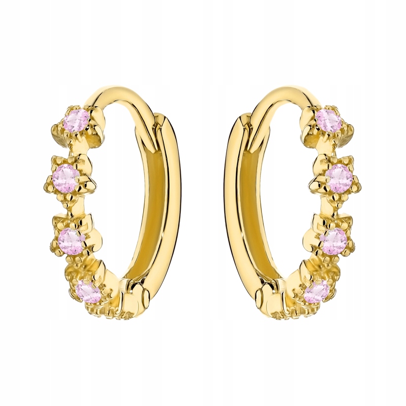 Złote Kolczyki Damskie pr. 333 8k Kółka Koła 11mm i Różowe Cyrkonie