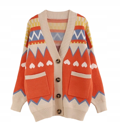 

Sweter Z Guzikami Czerwony Pastelowy Z Serduszkami