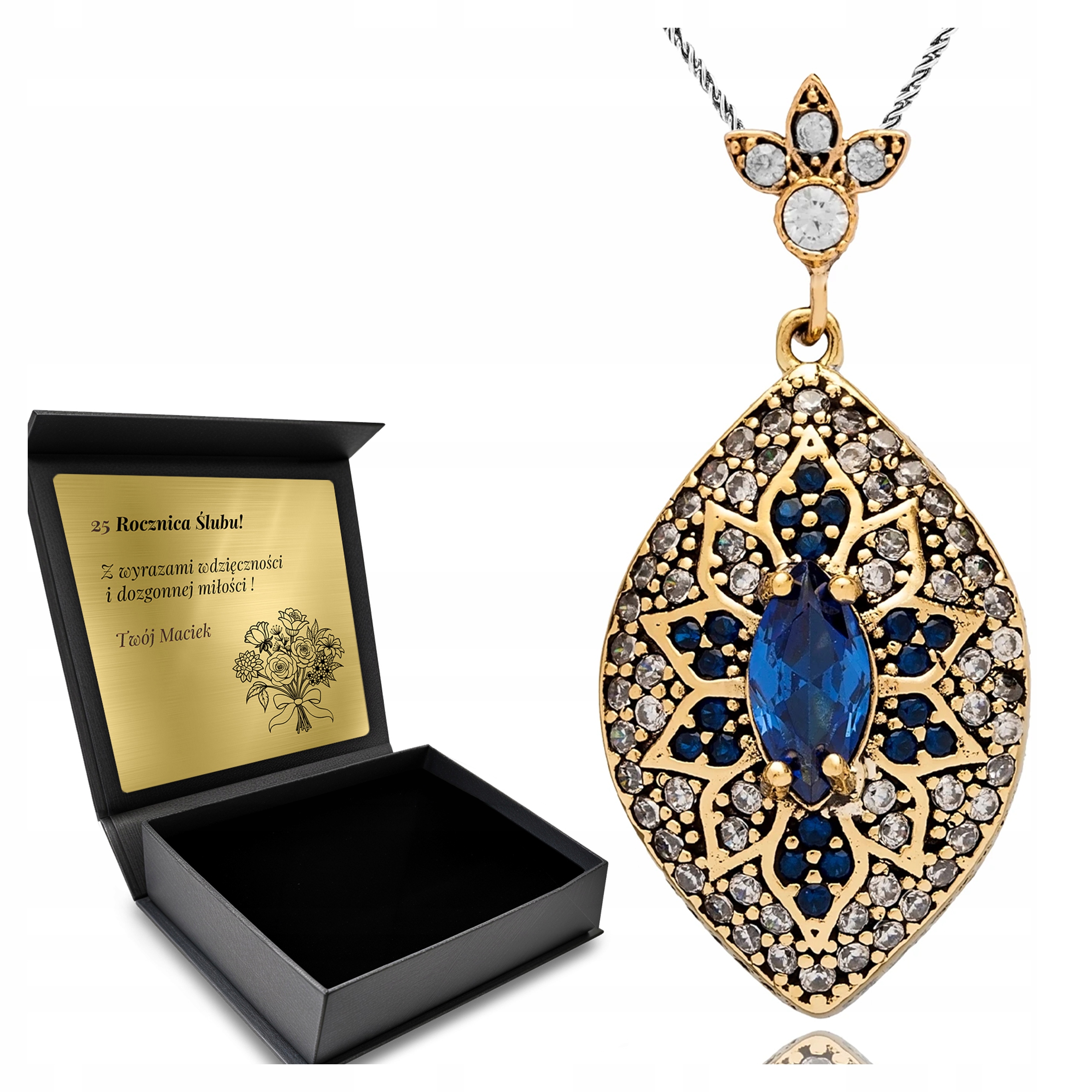 Stříbrný Náhrdelník 925 Zirkony Safírové Šperky Pro Ženy Gravírování Bonus