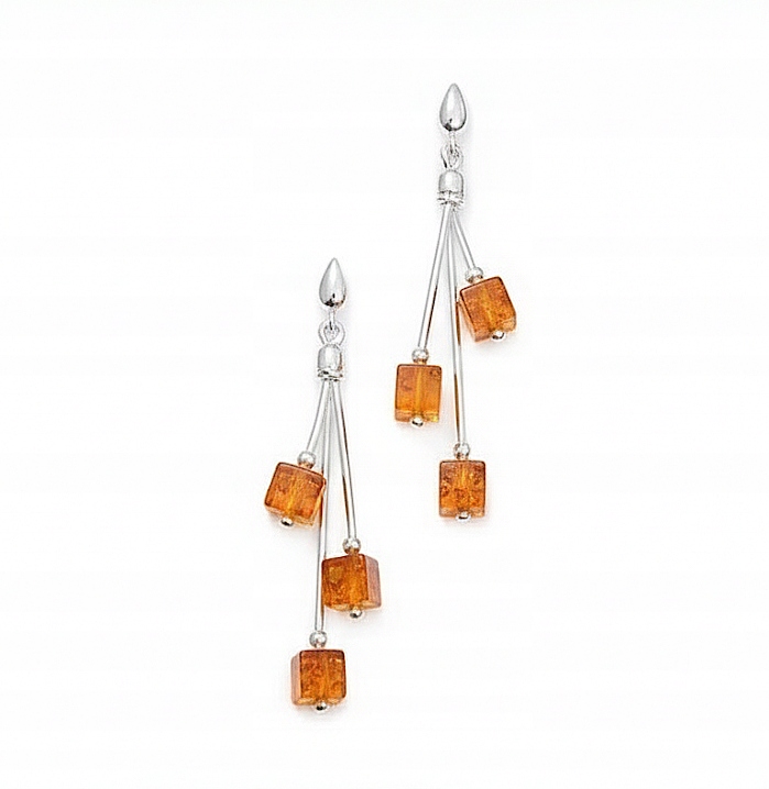Stříbrné Dlouhé Náušnice Kostka Jantar Stříbro