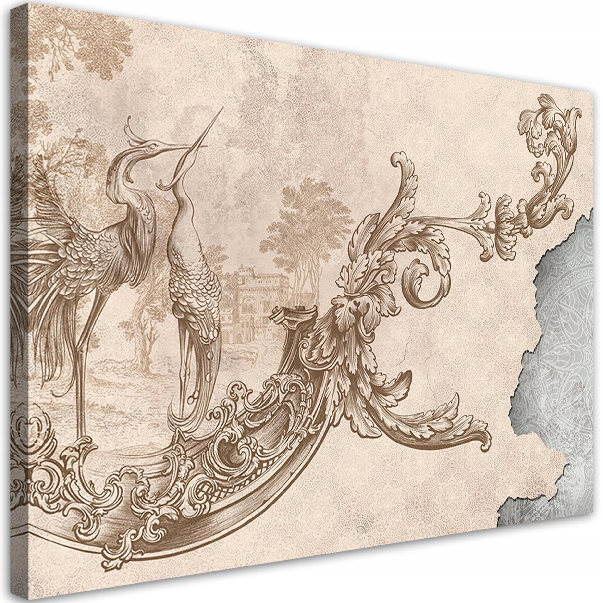 Obraz na plátne, Divoké vtáky a listy na orientálnej freske 100x70