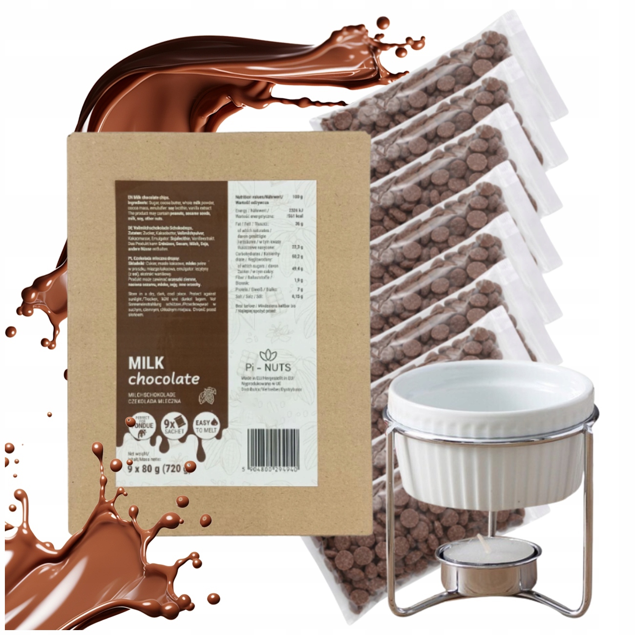 Czekolada Mleczna 9X80G 720G Do Fondue Deserów Z Podgrzewaczem Zestaw