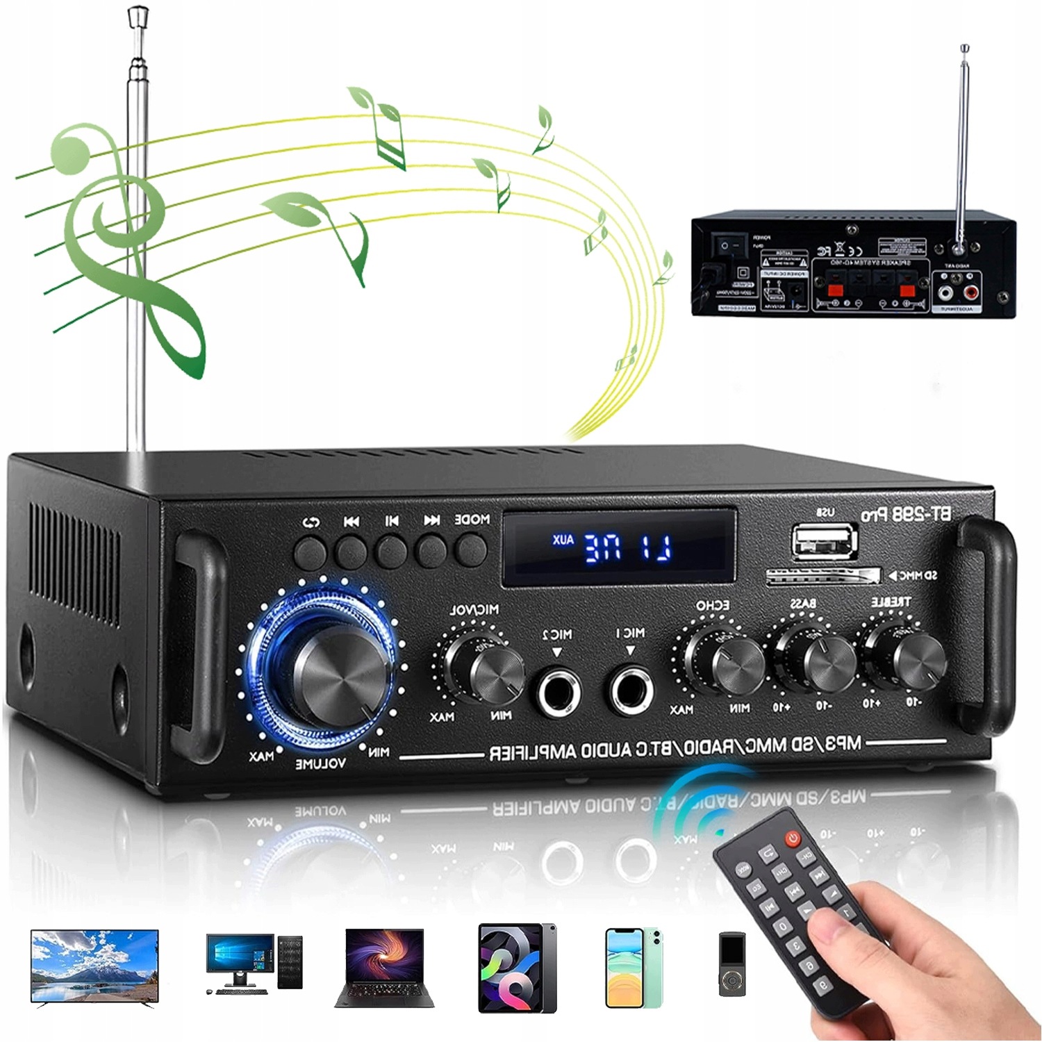 Mini Zesilovač BT-298PRO 50W 50W Bluetooth 5.0 Aux Usb Sd Fm S Dálkovým Ovládáním