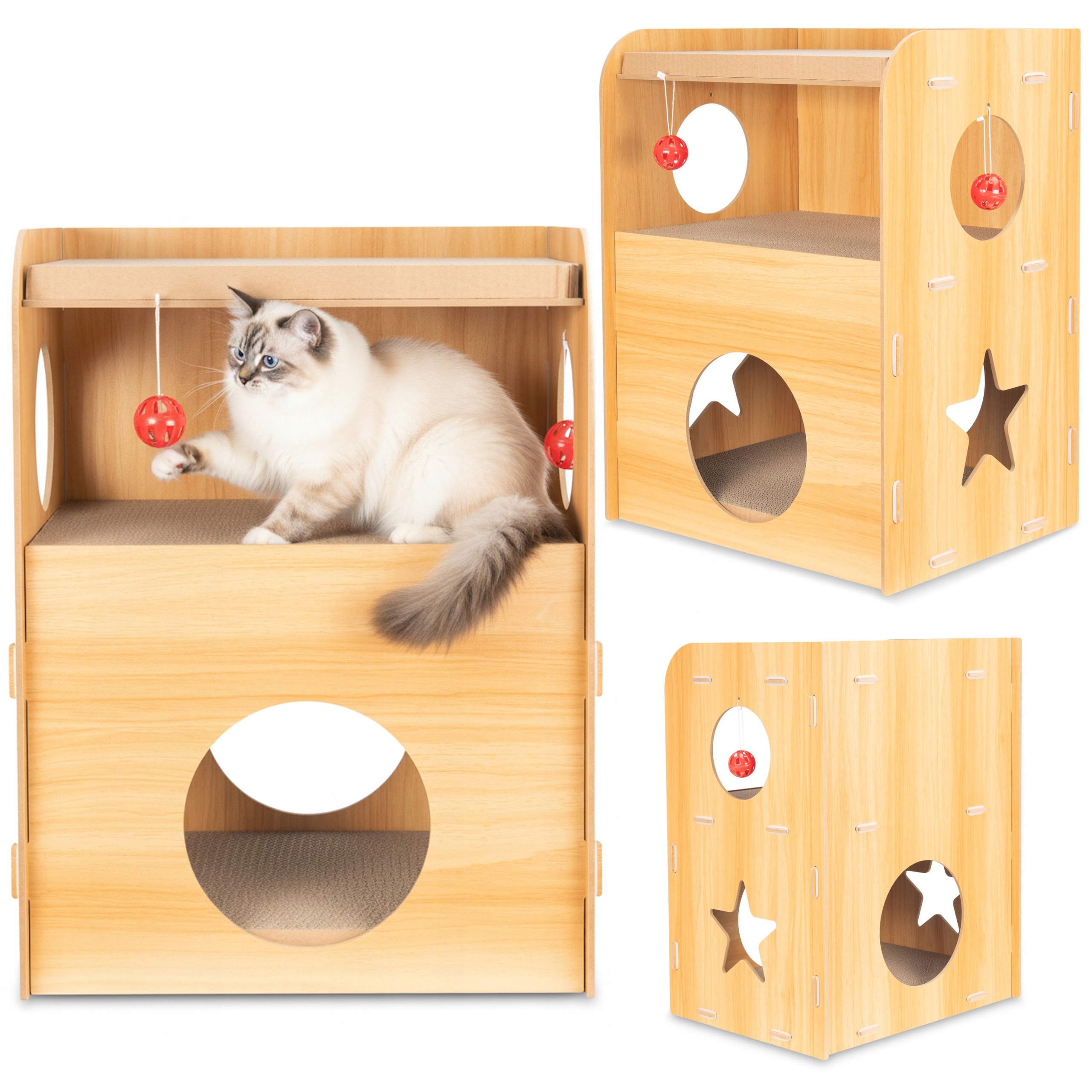 Levně Drapak Pro Kočky Domeček Pelíšek S Hračkou Ekologický Mdf Patrový Coil