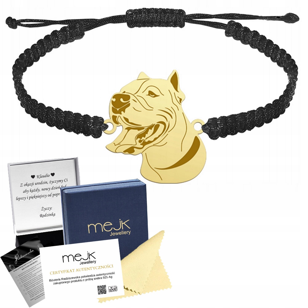 Zlatý náramek s argentinským psem 925 Dárek Žena Makramé Gravírování