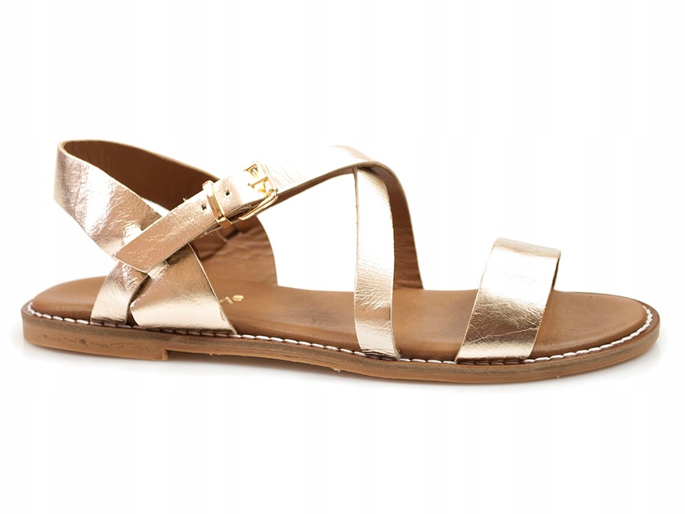 Złote sandały damskie Venezia skórzane na płaskim wsuwane rzymki sandałki