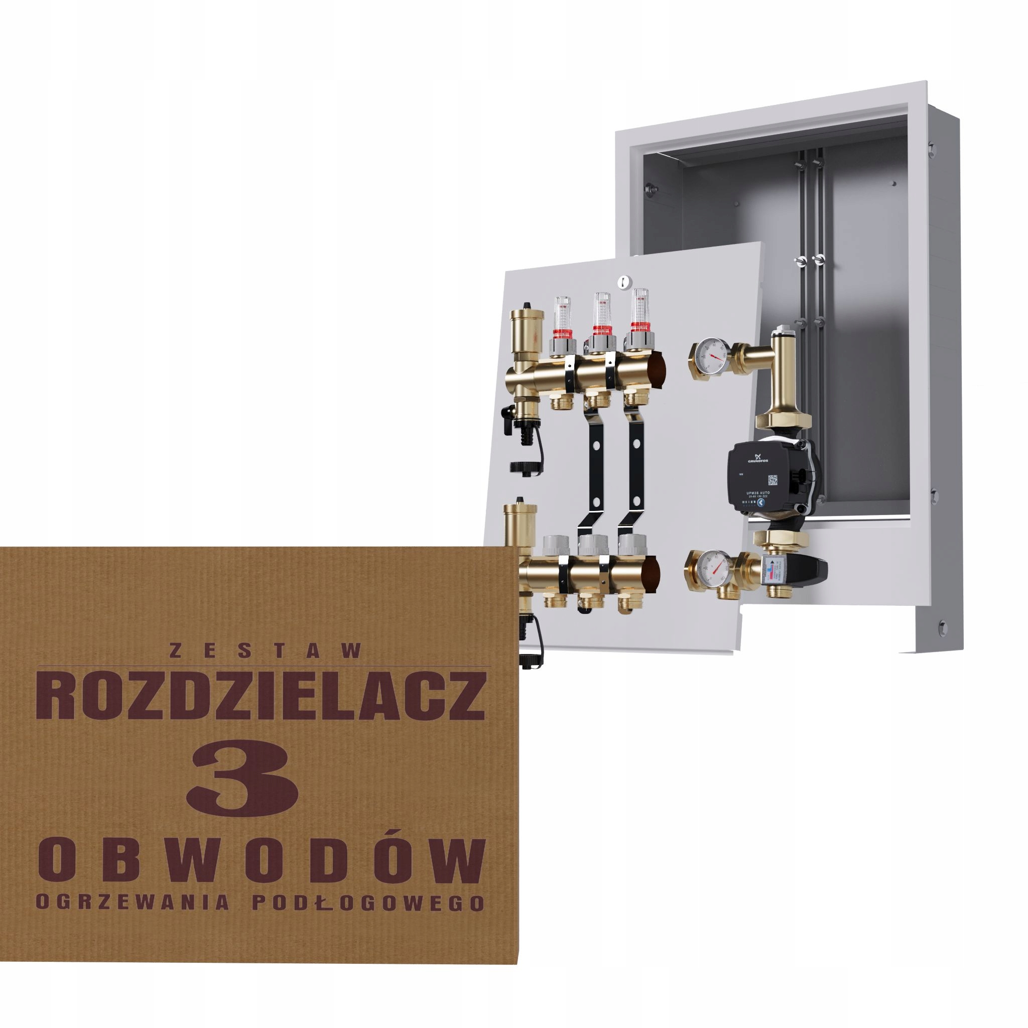 Rozdělovač pro podlahovku 3 okruhy s skupinou Grundfos podomítková skříňka