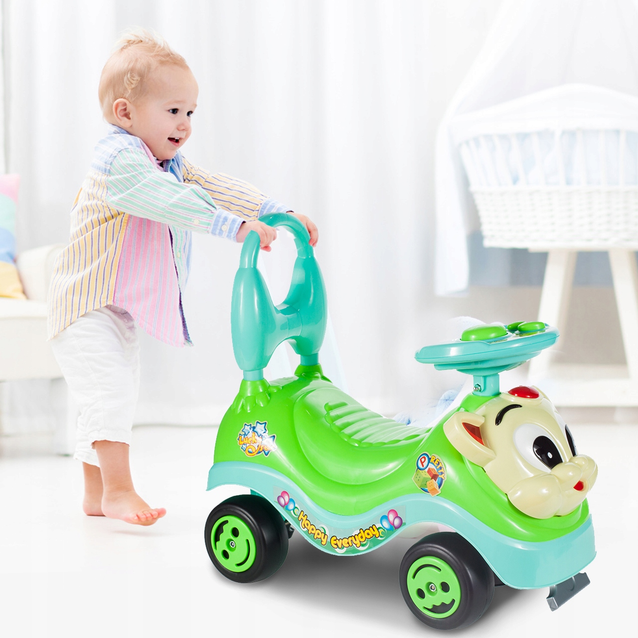 RIDE ON PUSH WALKER KOŤÁTKO S OPĚRKOU PRO DĚTI ZVUKY HORN ZELENÁ Barva Růžová