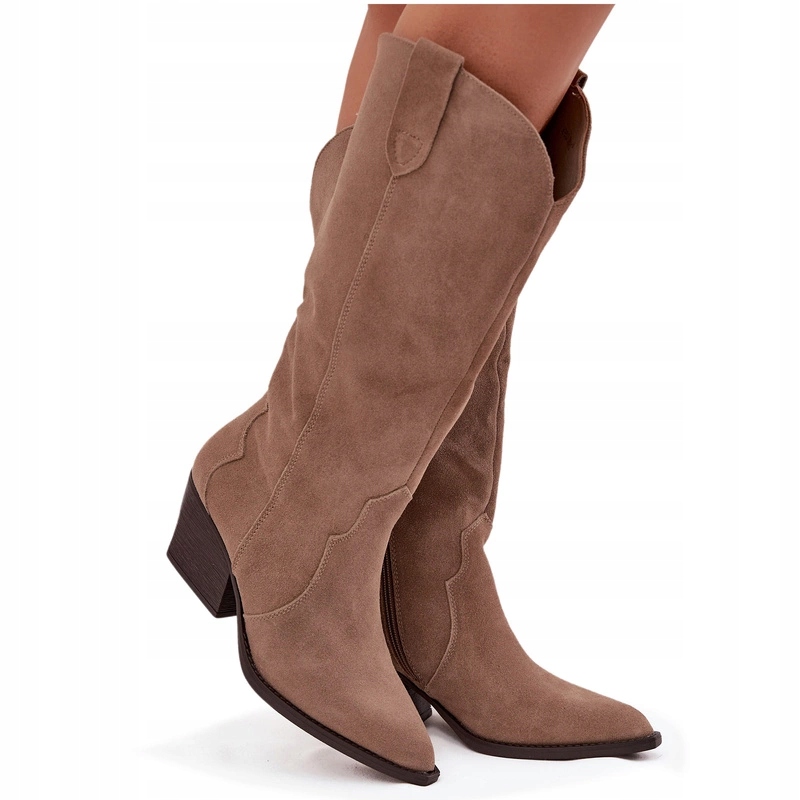 Kozačky Kovbojské Boty Kožené Semišové S Zatepleným Podpatkem Khaki 38