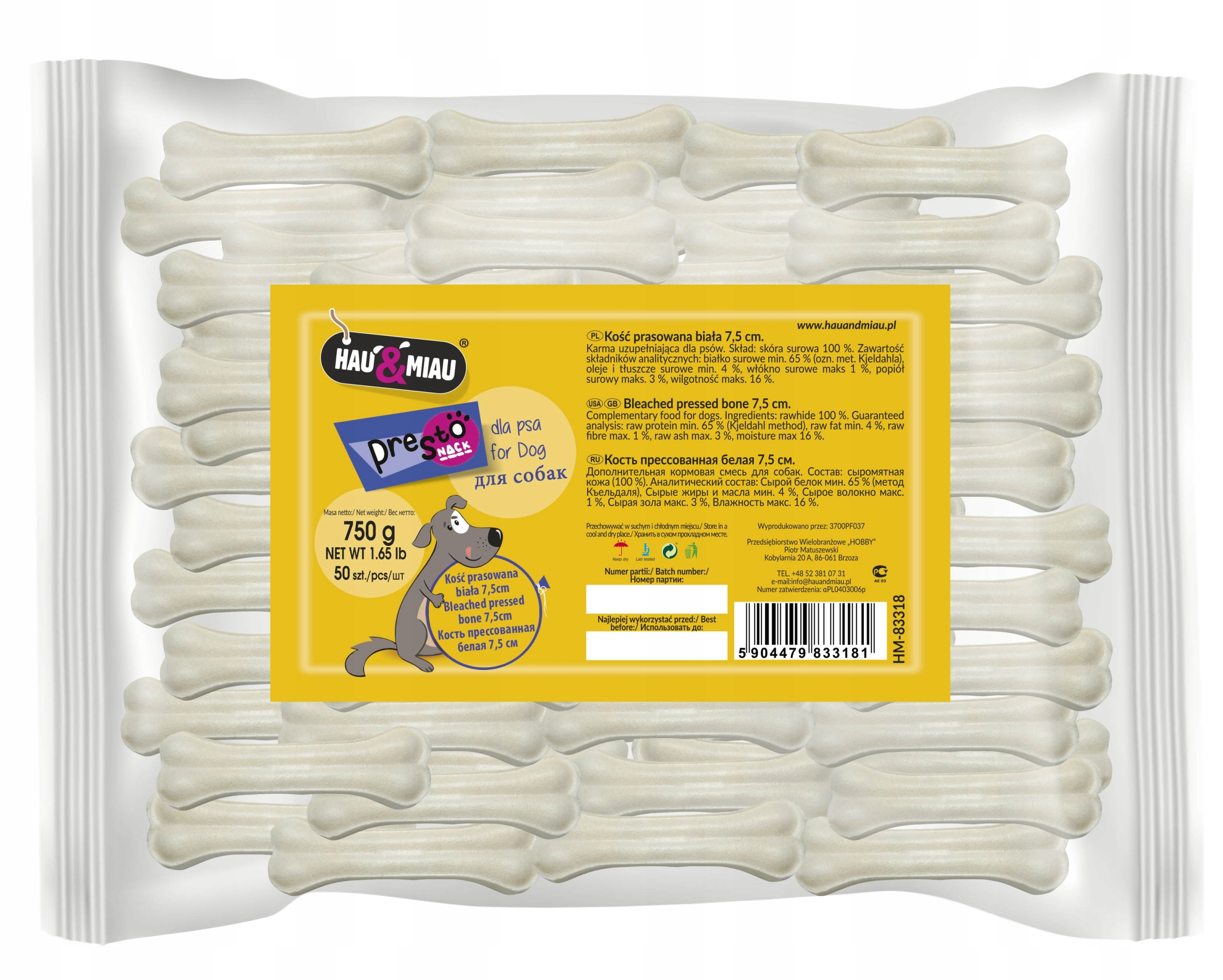 Levně LISovaná kost Hm Bílá 7,5 cm, 50 Ks/balení, 750 g/balení