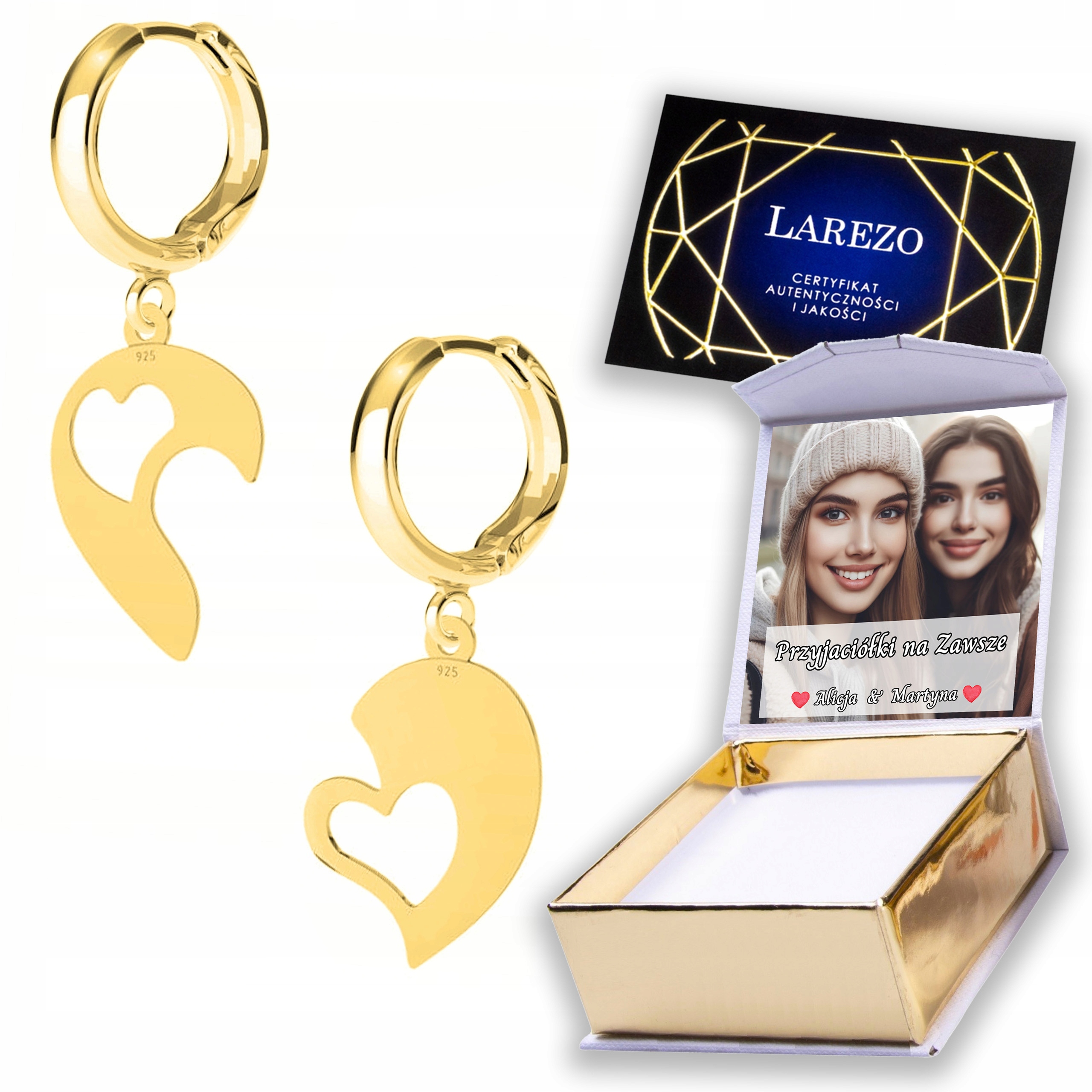 Zlaté Náušnice 925 se srdíčky a půlkami srdce Potisk