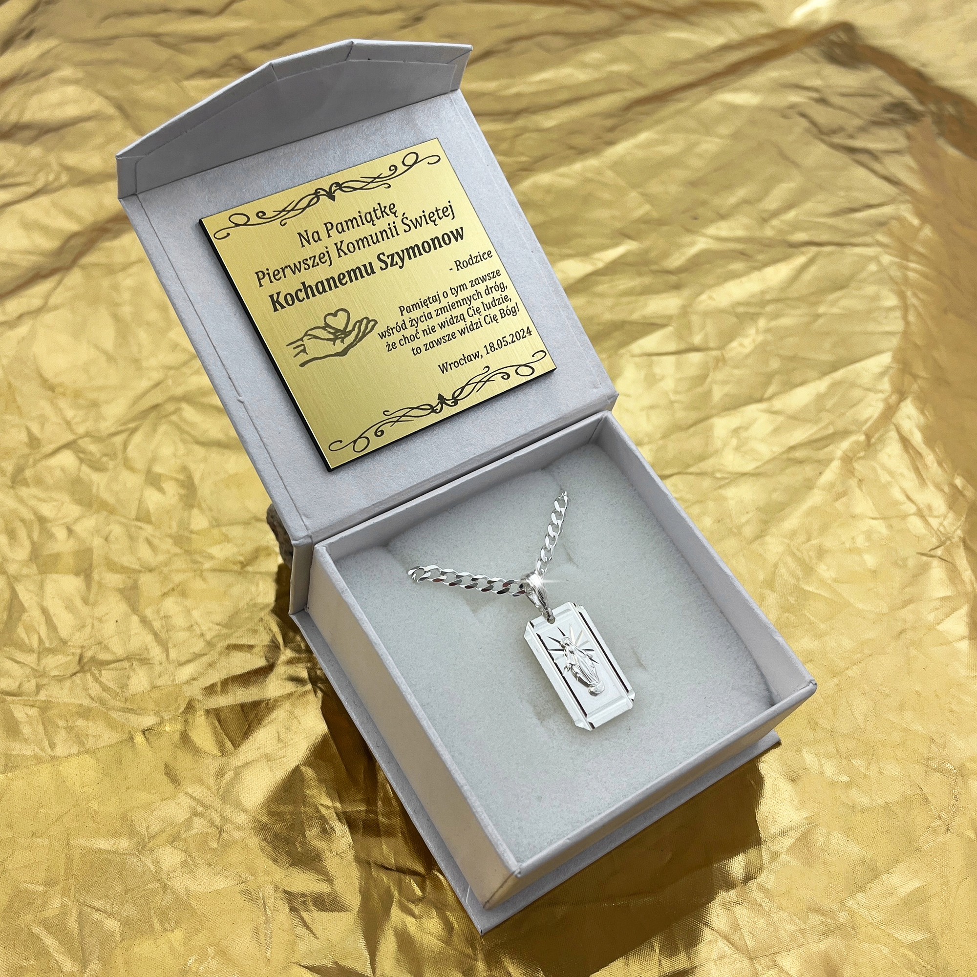 SREBRNY KOMUNIJNY ŁAŃCUSZEK MEDALIK MATKA BOSKA CUDOWNA 925 + GRAWER GRATIS Marka Golden Celebrity