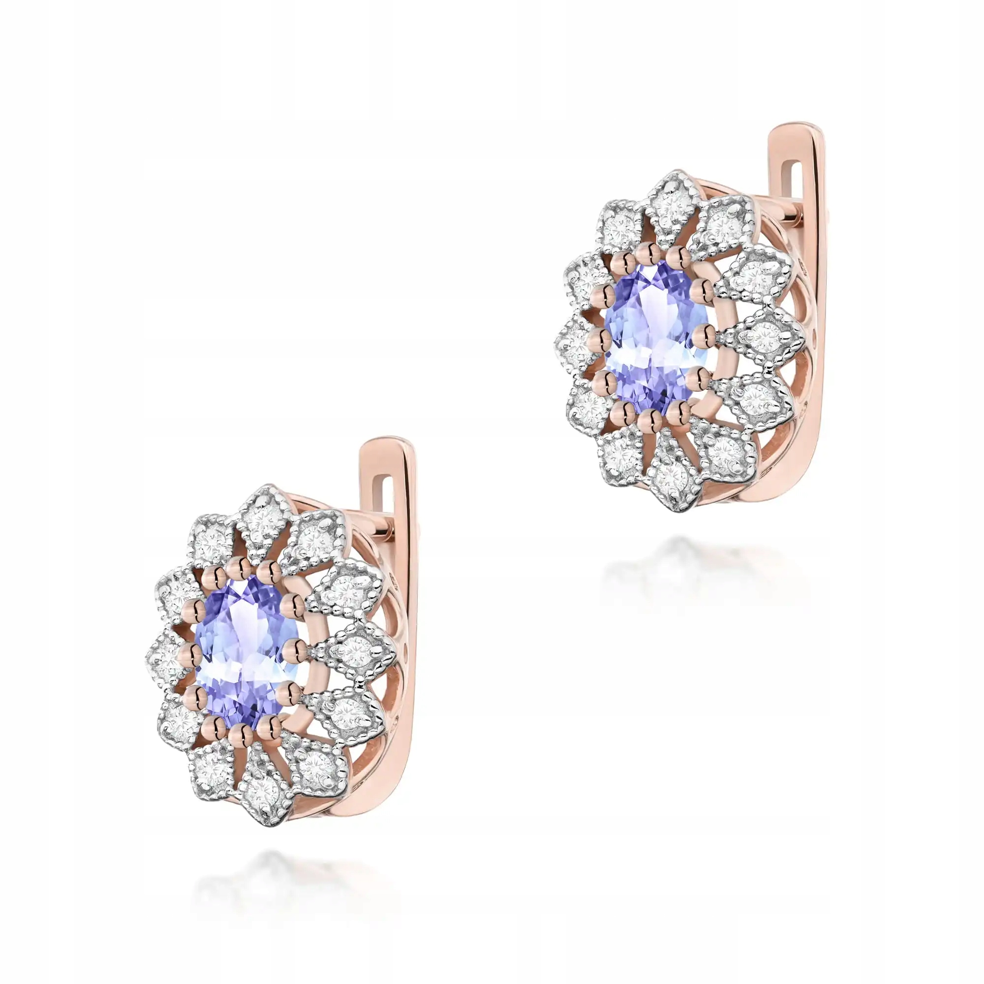 Náušnice zlaté 585 tanzanit s diamanty růžové zlato jsou ideální jako dárek