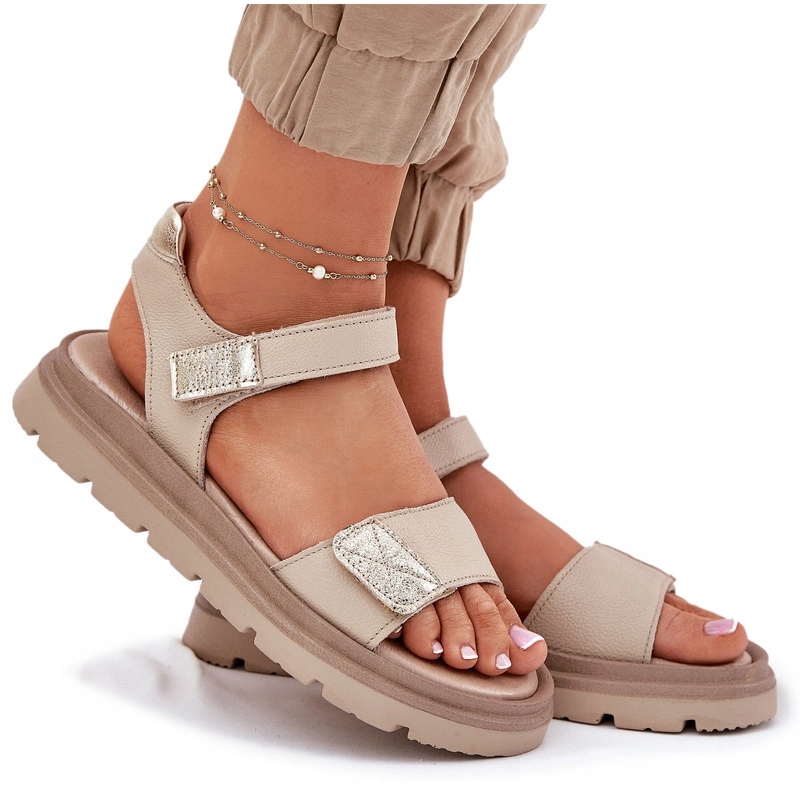 Dámské Sandály Přírodní Kůže Na Suchý Zip Platforma Zazoo 40443 Béžová 36