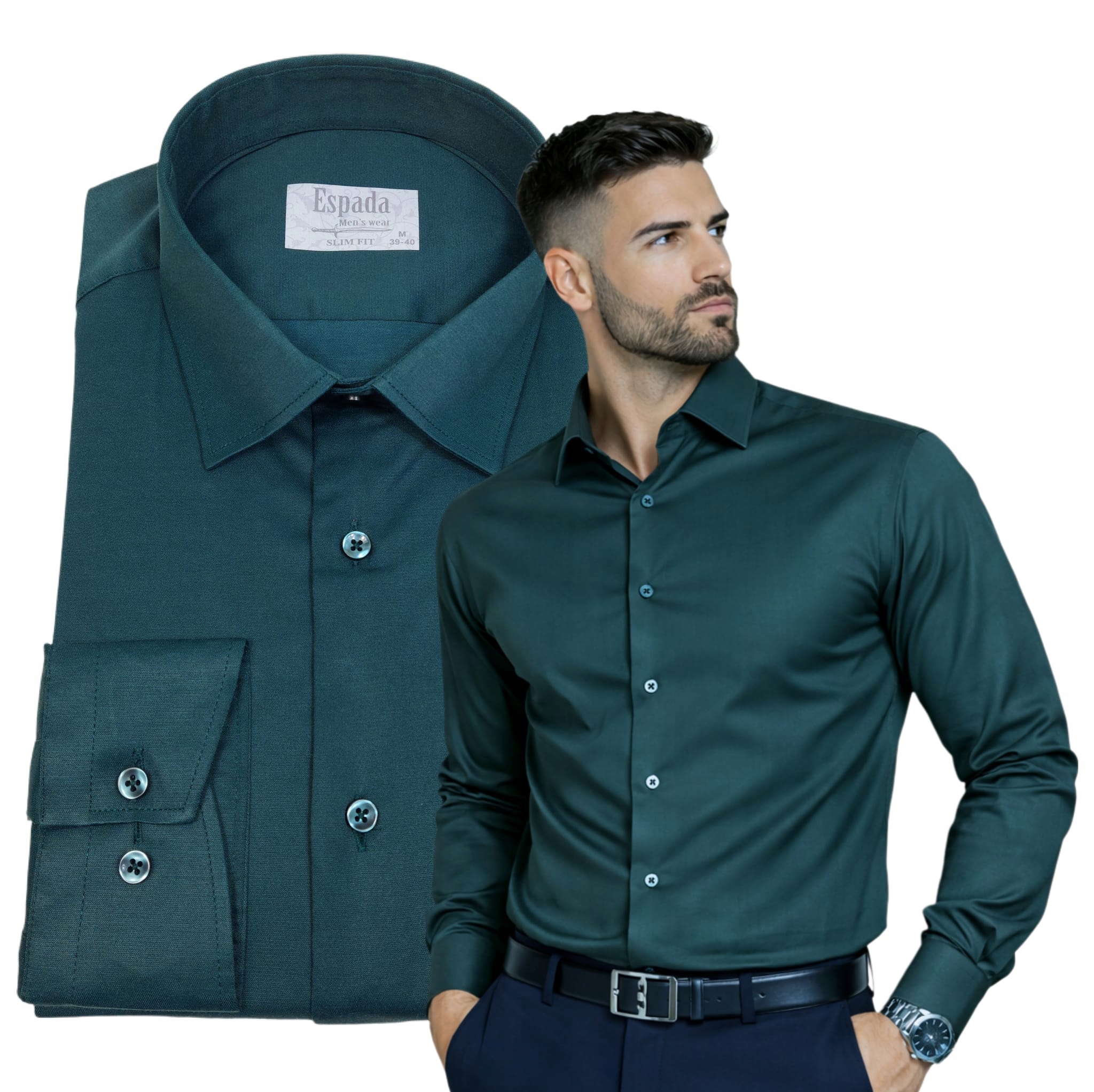 Pánská košile Lahvově Zelená Barva Bavlněná Elegantní Elastická Slim vel. M