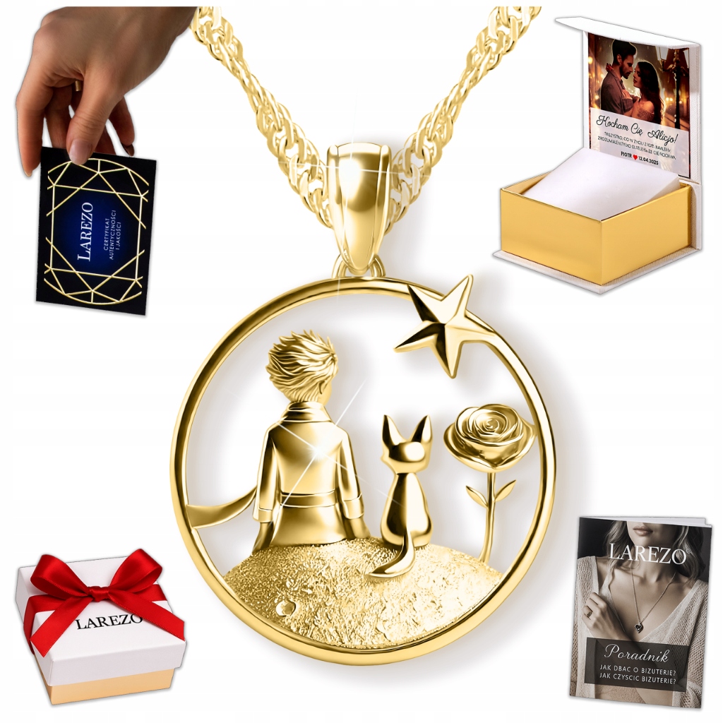 Zlatý náhrdelník 925 Malý chlapec s liškou Růže Měsíc Planeta Potisk