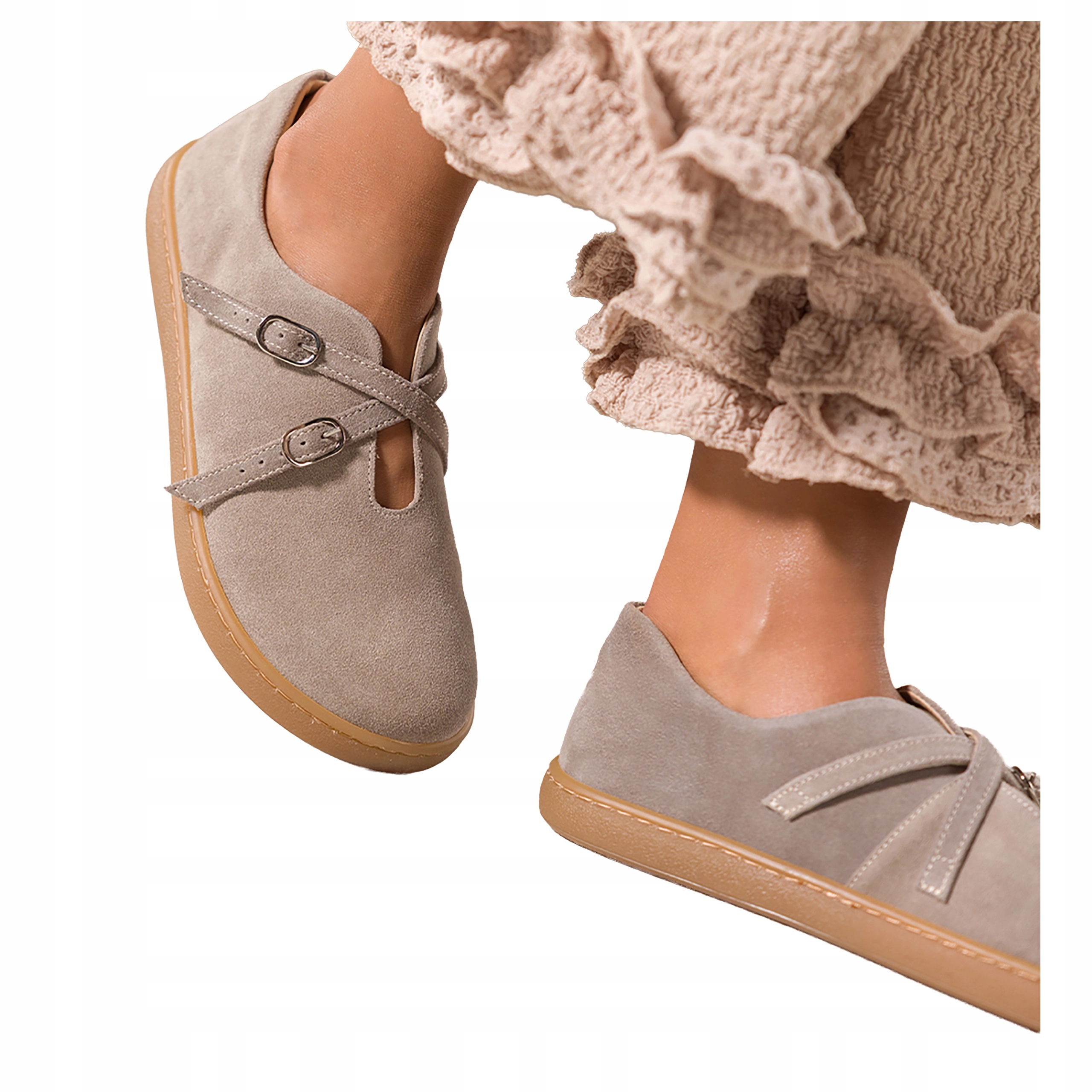 Béžové Baleríny Dámské Barefoot Široké pásky s koženými sponami, velikost 38