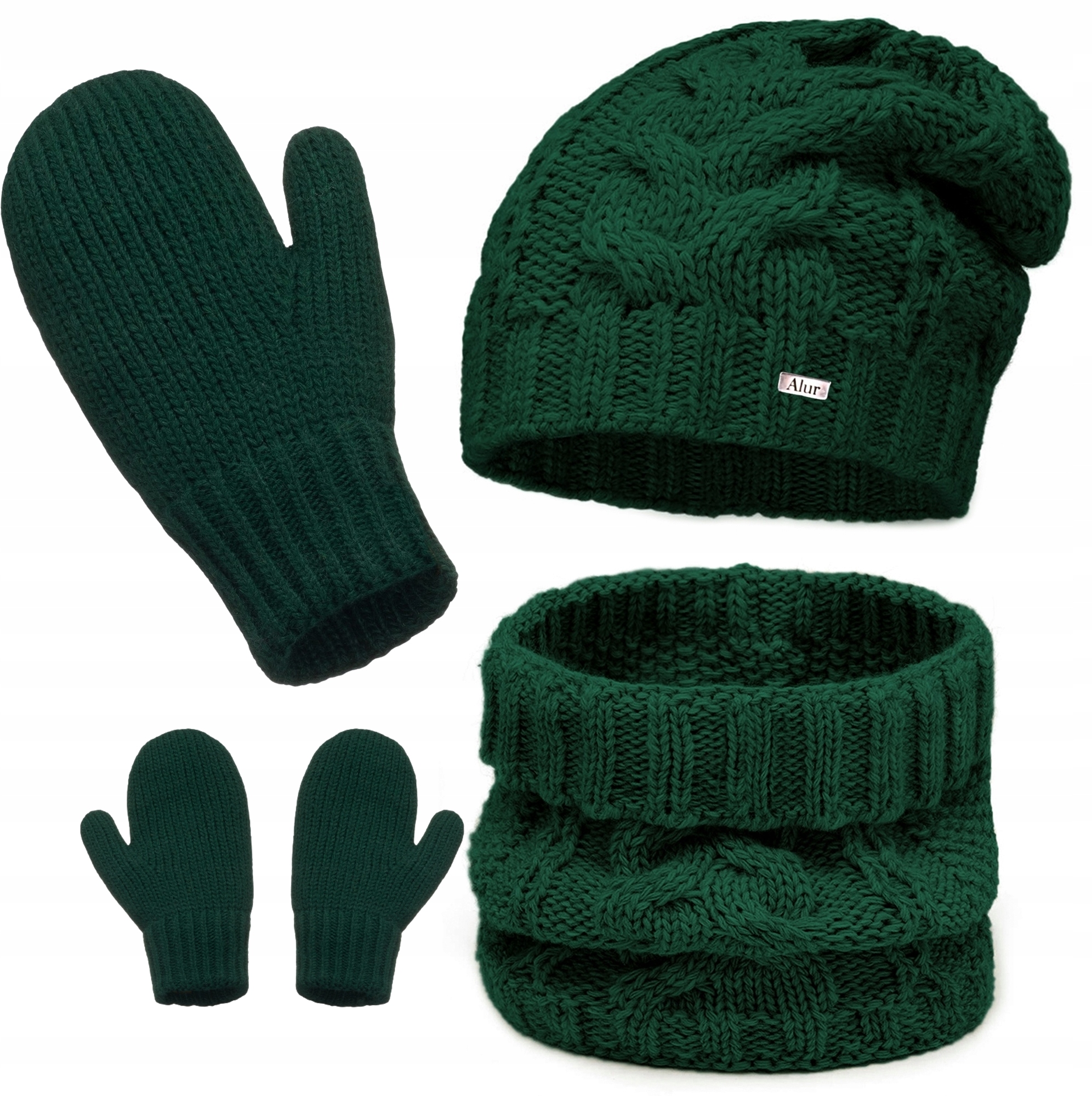 Sada: Čepice Nákrčník , Rukavice, Teplá zimní sada, Polský módní Zeleň
