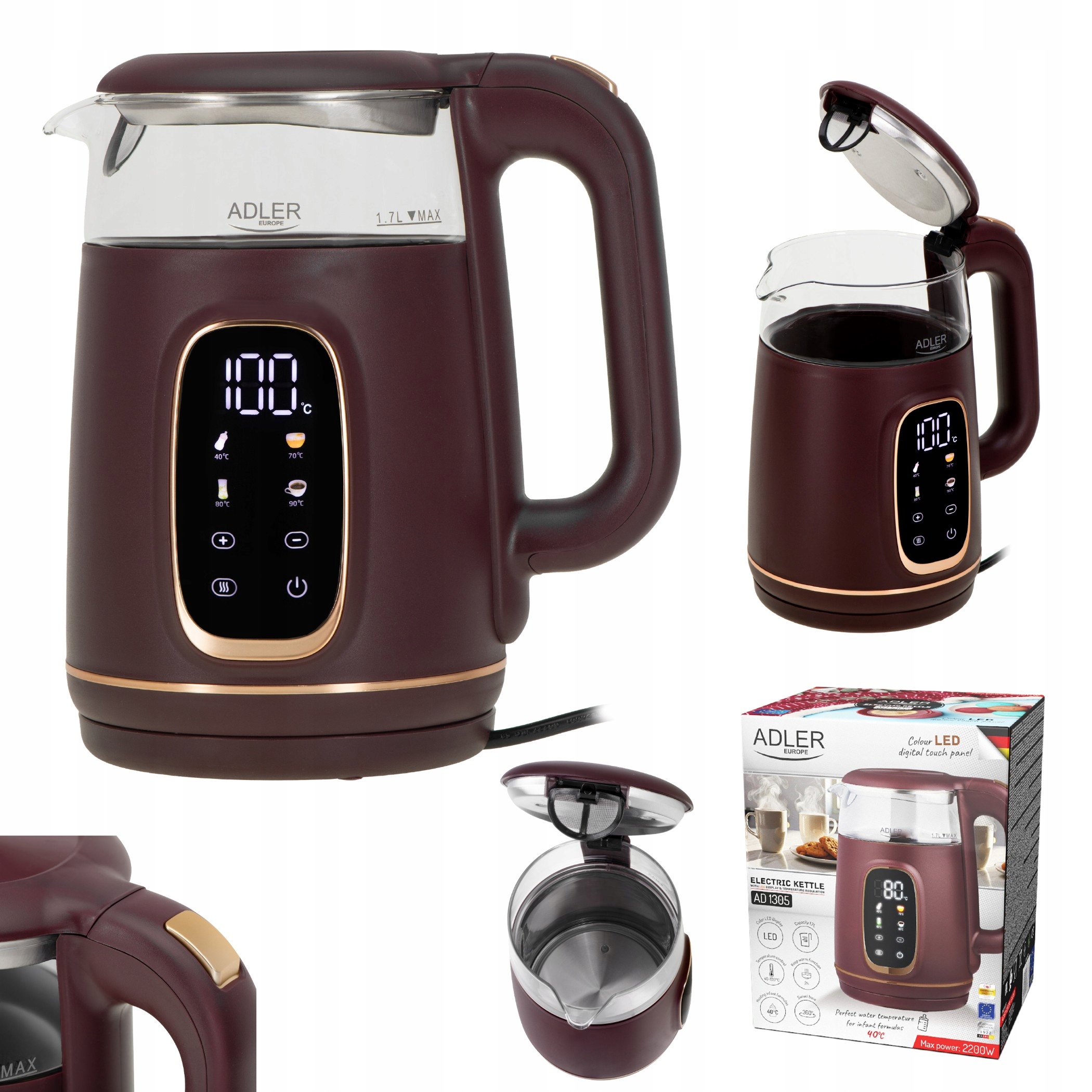 Czajnik Bezprzewodowy Elektryczny Szklany 1.7L 2200W Dotykowy Led Regulacja