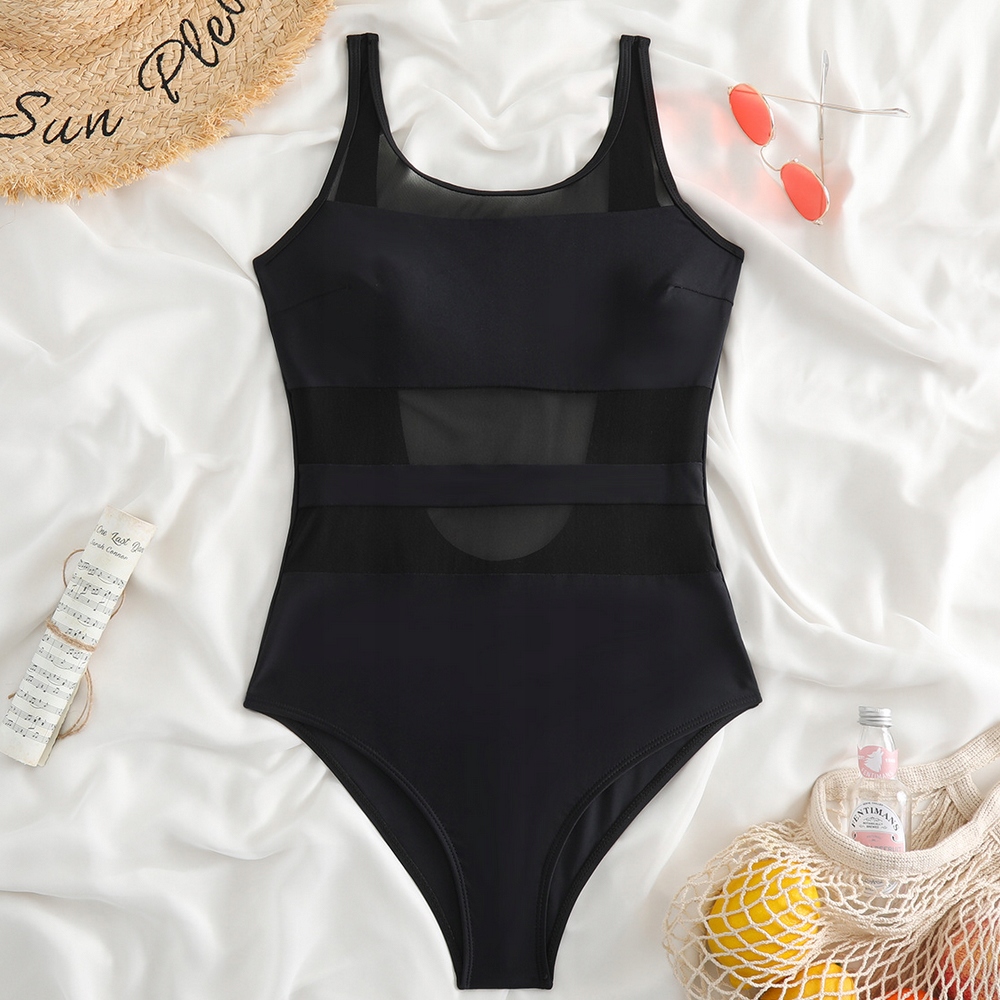 JEDNOCZĘŚCIOWY STRÓJ KĄPIELOWY KOSTIUM PLAŻOWY MONOKINI CZARNY SIATECZKA L Wzór dominujący bez wzoru